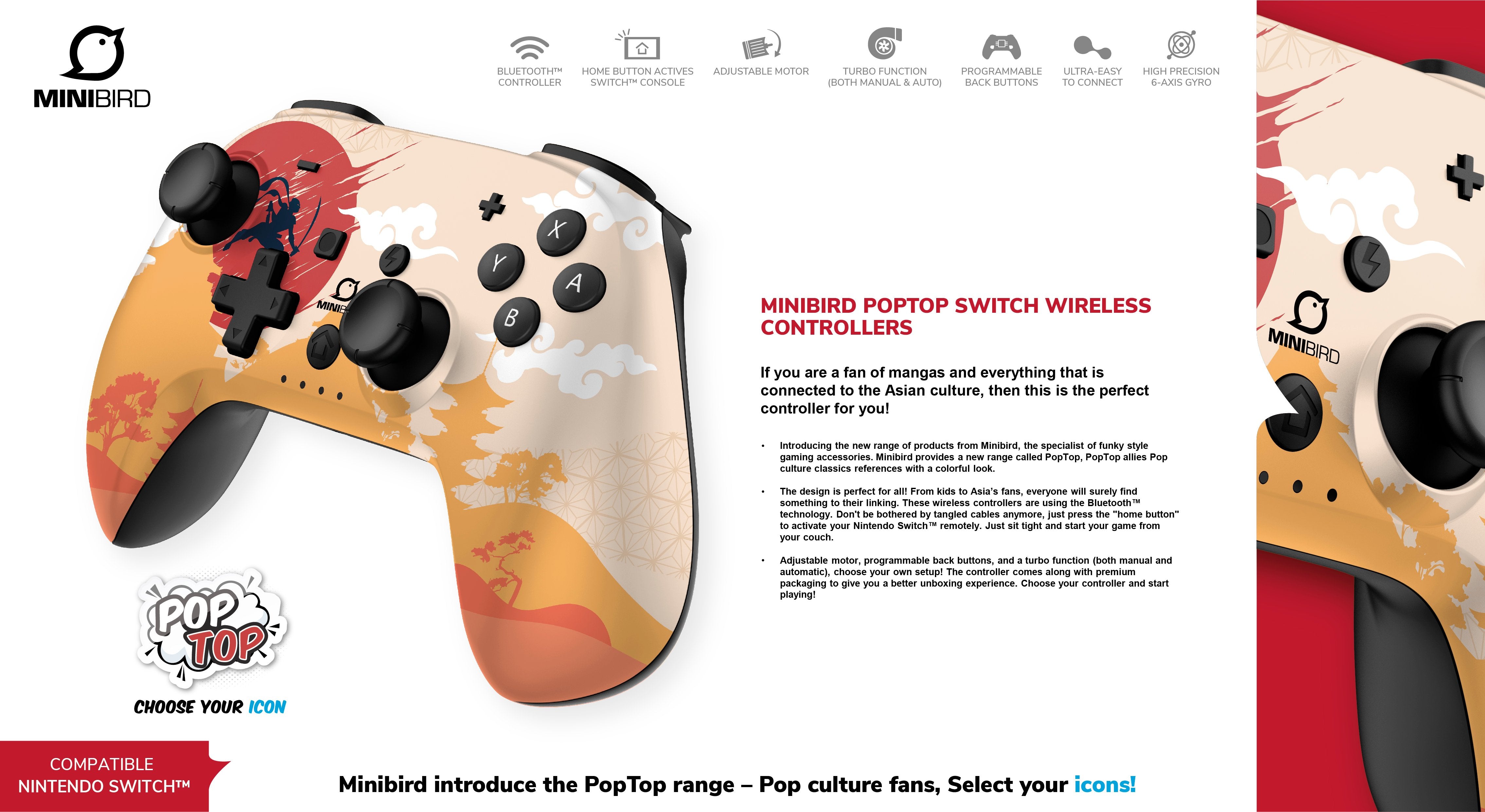 Minibird Pop Top - Manette sans fil Bluetooth "Rising Sun" pour Nintendo Switch et Switch OLED - flash vidéo