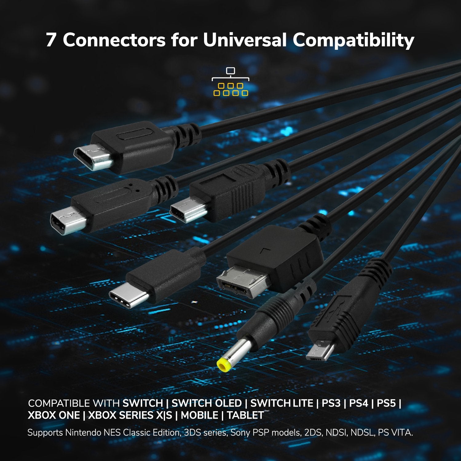 EgoGear - Câble de charge 7 en 1 SCH7 avec chargeur rapide Euro USB pour consoles, manettes, mobile et tablettes - flash vidéo