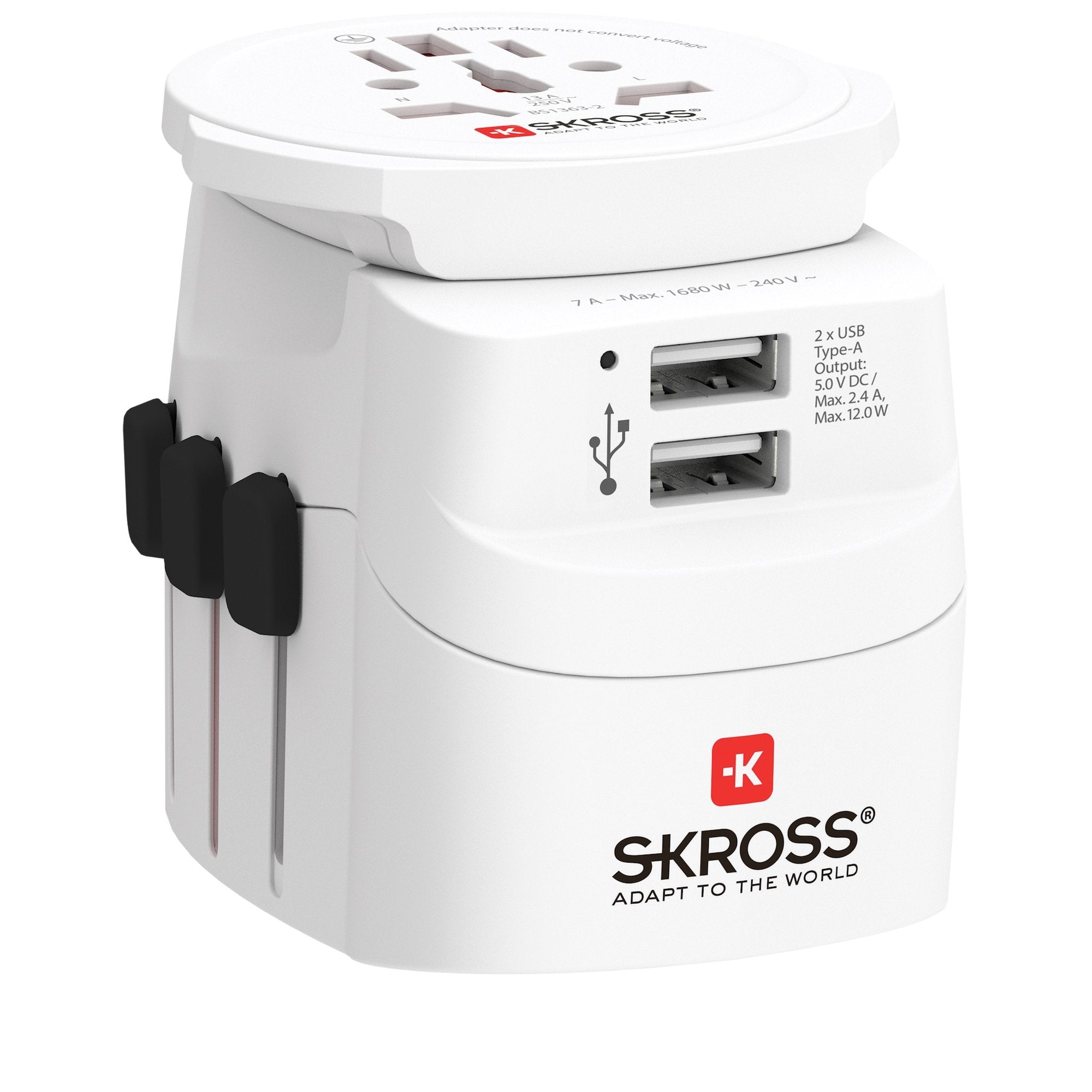 SKROSS - World Travel Adapter with Ground Plugs( no Swiss & Italy ) + 2 USB SLOT 2400 mA + world to europe - flash vidéo