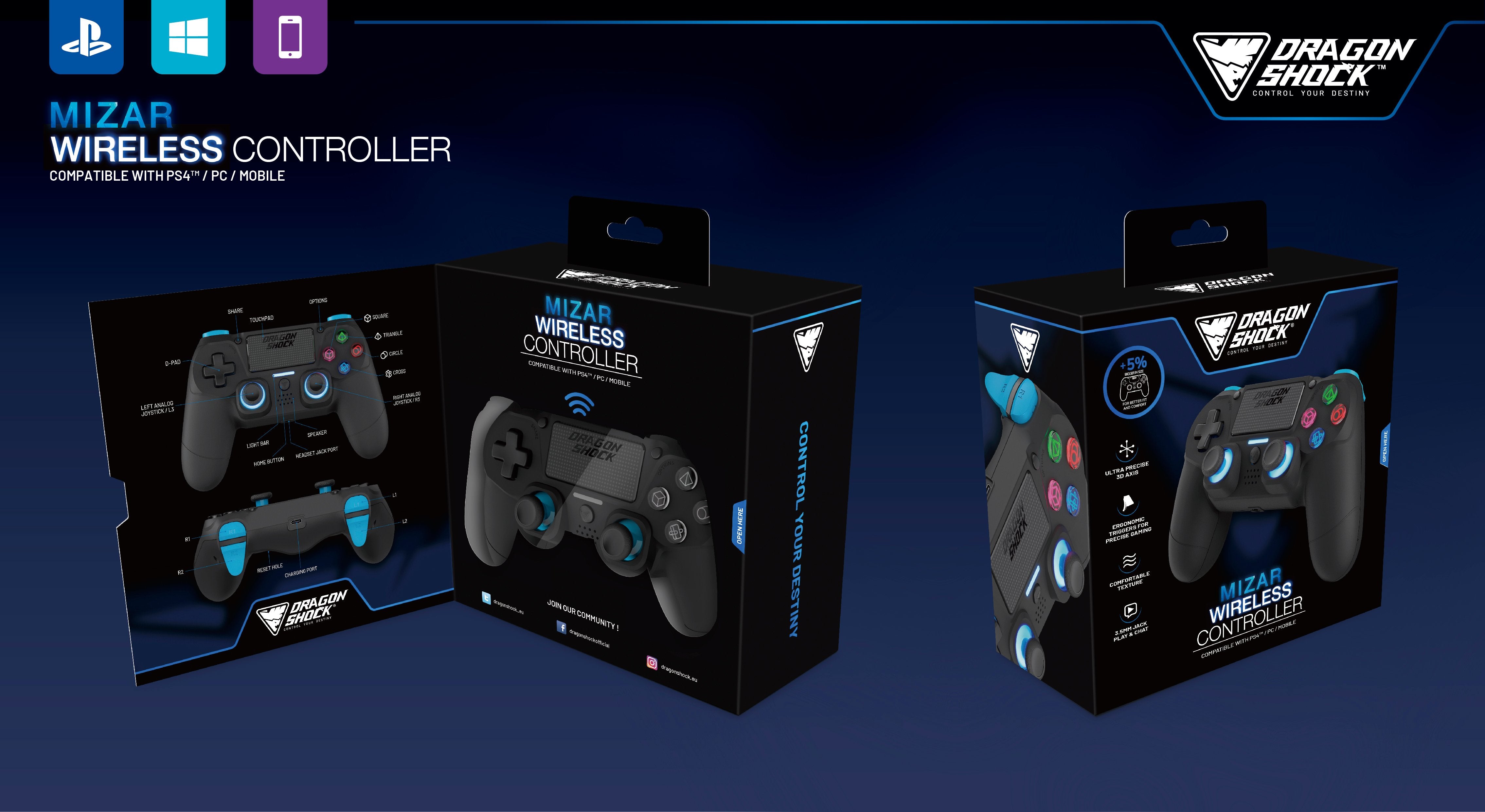 DragonShock - Manette sans fil Bluetooth MIZAR Noire pour PS4, PC et Mobile - flash vidéo