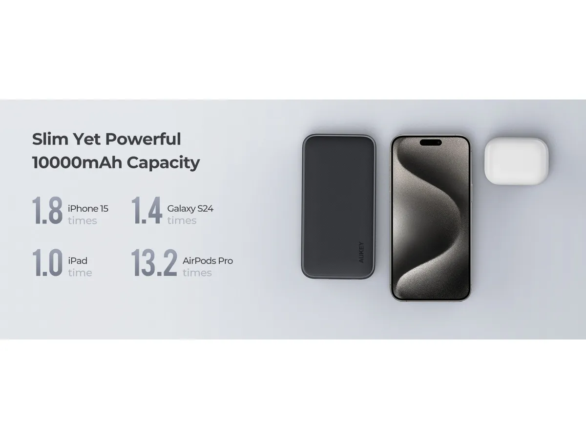 Aukey - Power Bank Grise Sprint 10000mAh 15W Charge rapide - flash vidéo