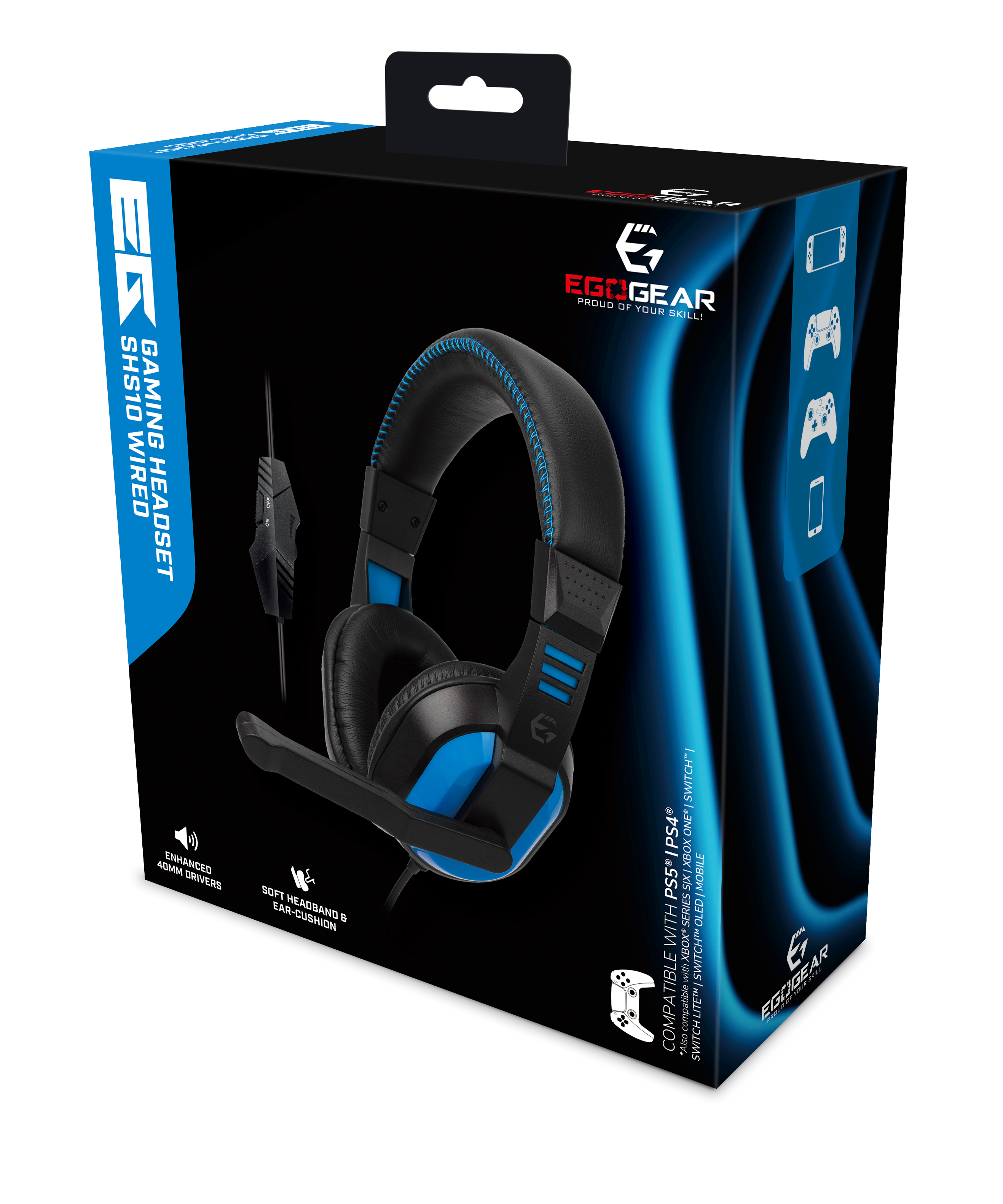 EgoGear - Casque de jeu filaire SHS10 Bleu pour PS5, PS4, Xbox Series X|S, Xbox One, Switch, Switch Lite, Switch OLED et Mobile - flash vidéo