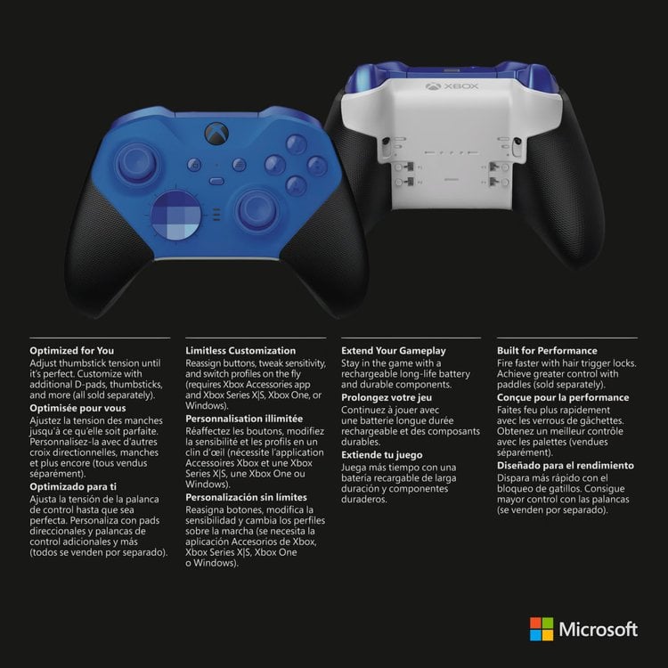 Manette sans fil Xbox Elite Series 2 - Core Bleue pour Xbox Series X|S, Xbox One et Windows 10/11 - flash vidéo