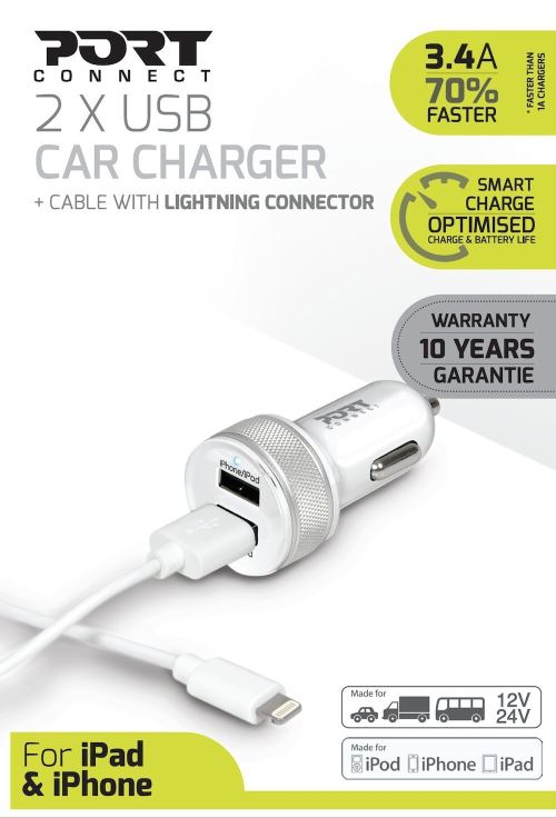 Port Designs Car Charger 2x USB + Lightning Cable - flash vidéo