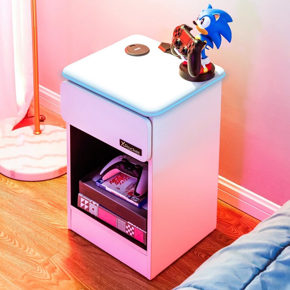 X Rocker - Table de chevet Carbon-Tek avec chargeur sans fil et éclairage LED Blanche - flash vidéo