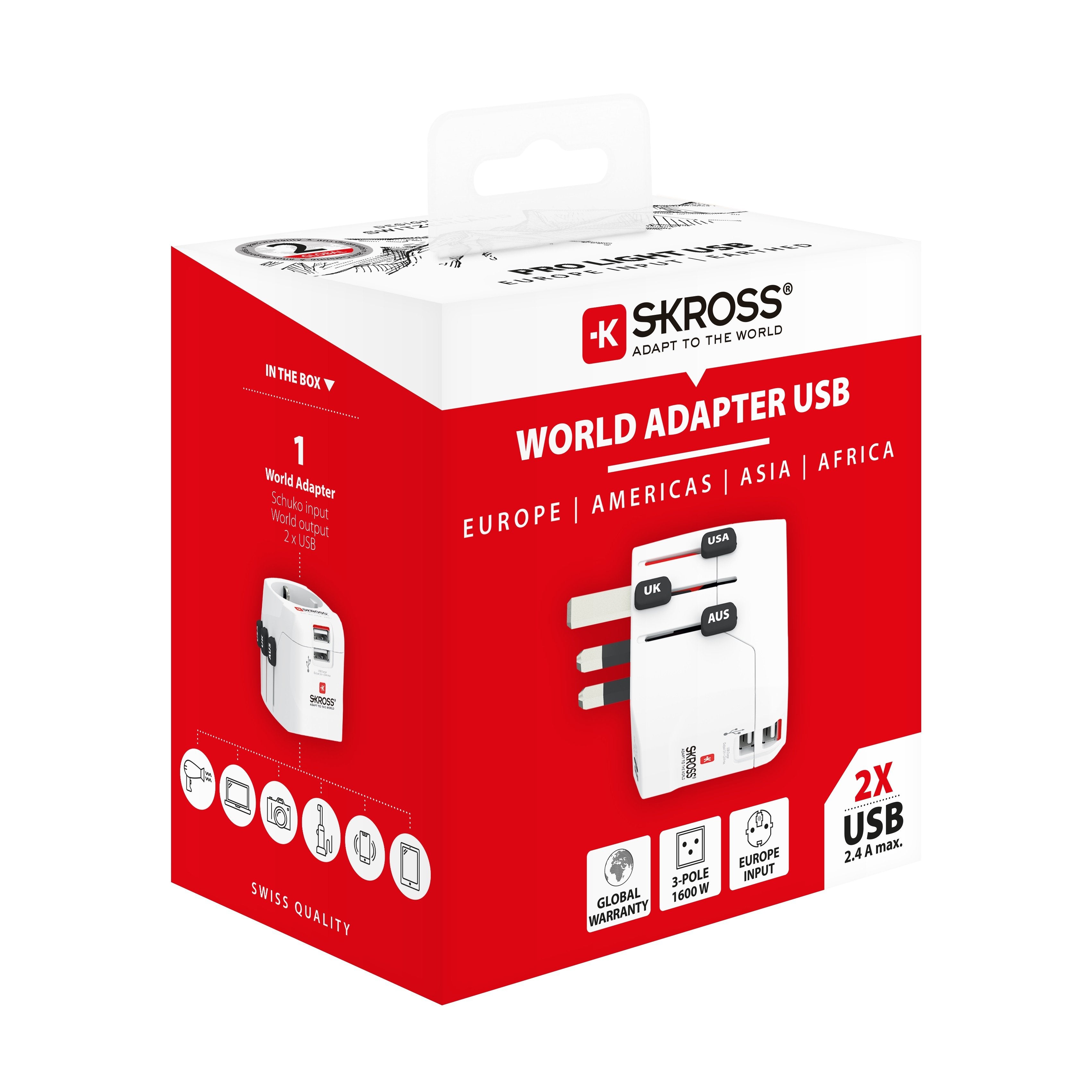 SKROSS - World Travel Adapter with Ground Plugs, ( no Swiss & Italy ) + 2 USB SLOT 2400 mAwhite - flash vidéo