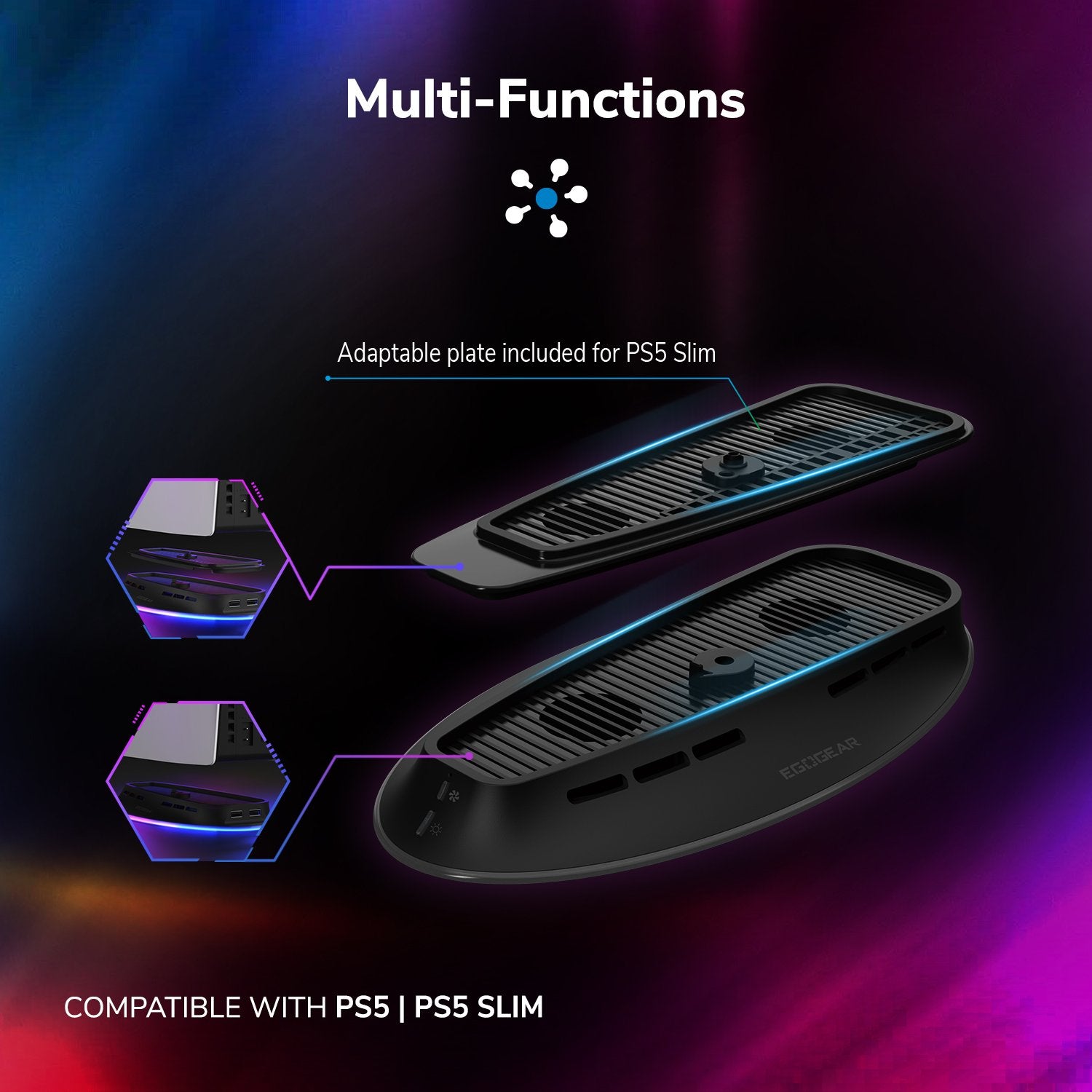 EgoGear - SCH30 - Base de refroidissement RGB LED pour PS5/PS5 SLIM - flash vidéo