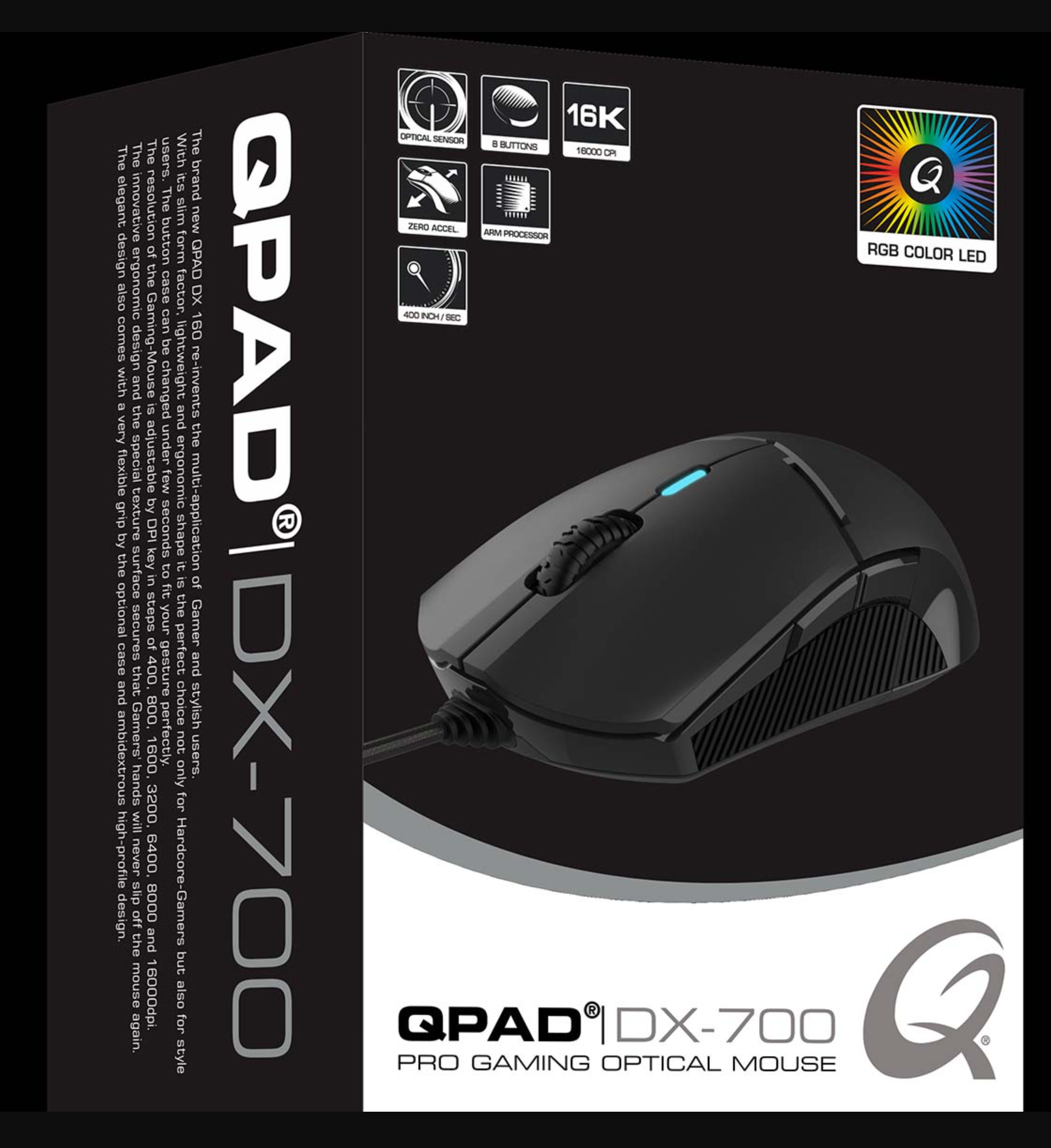 QPAD - DX-700 - Souris de jeu optique filaire noire - 16.000 DPI - flash vidéo