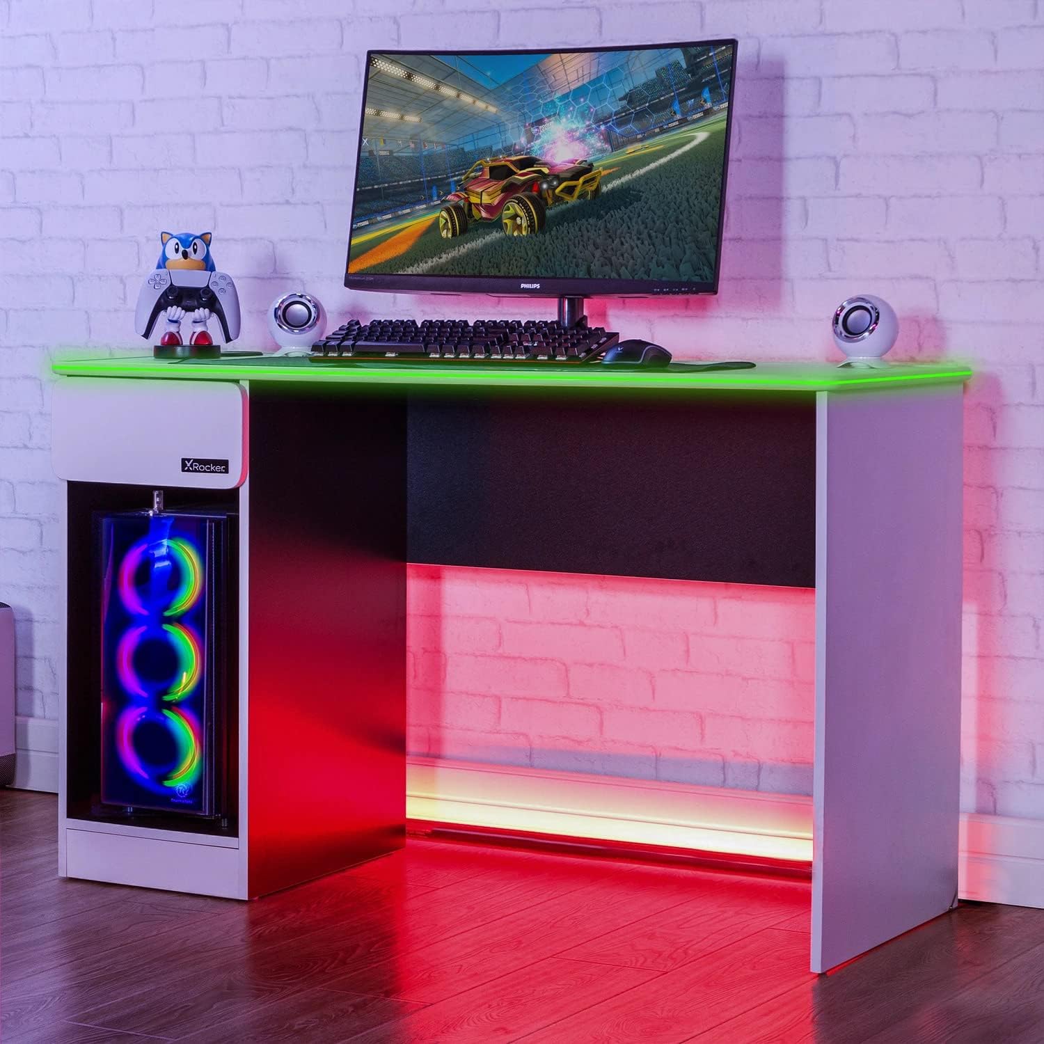 X Rocker - Bureau de jeu Carbon-Tek avec chargeur sans fil et éclairage LED Blanc - flash vidéo