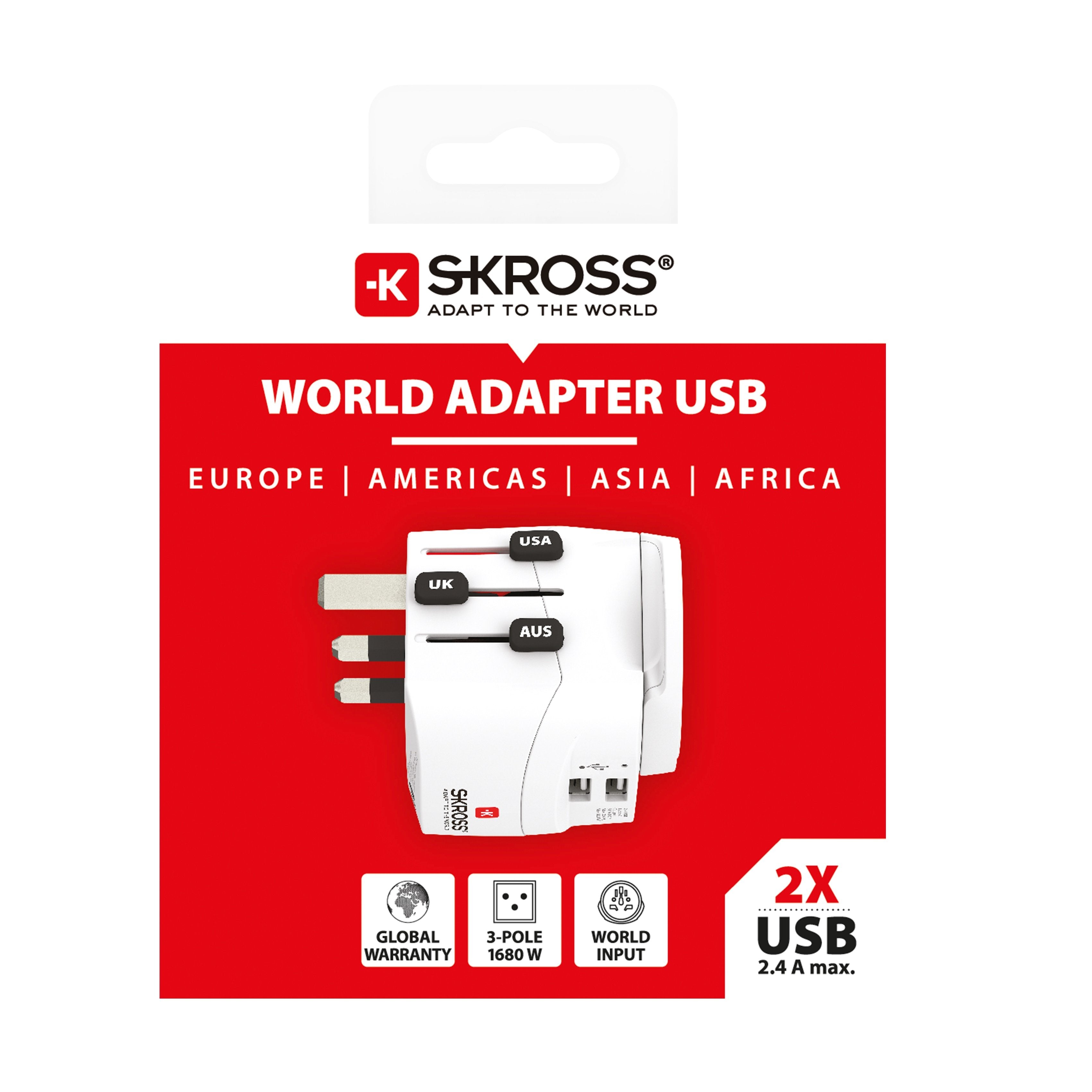 SKROSS - World Travel Adapter with Ground Plugs( no Swiss & Italy ) + 2 USB SLOT 2400 mA + world to europe - flash vidéo