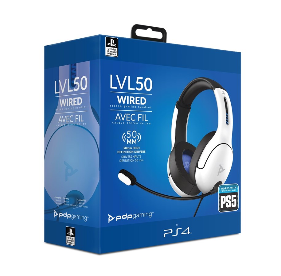 PDP - Casque de jeu stéréo filaire LVL50 Blanc pour PS5, PS4 & PC - flash vidéo