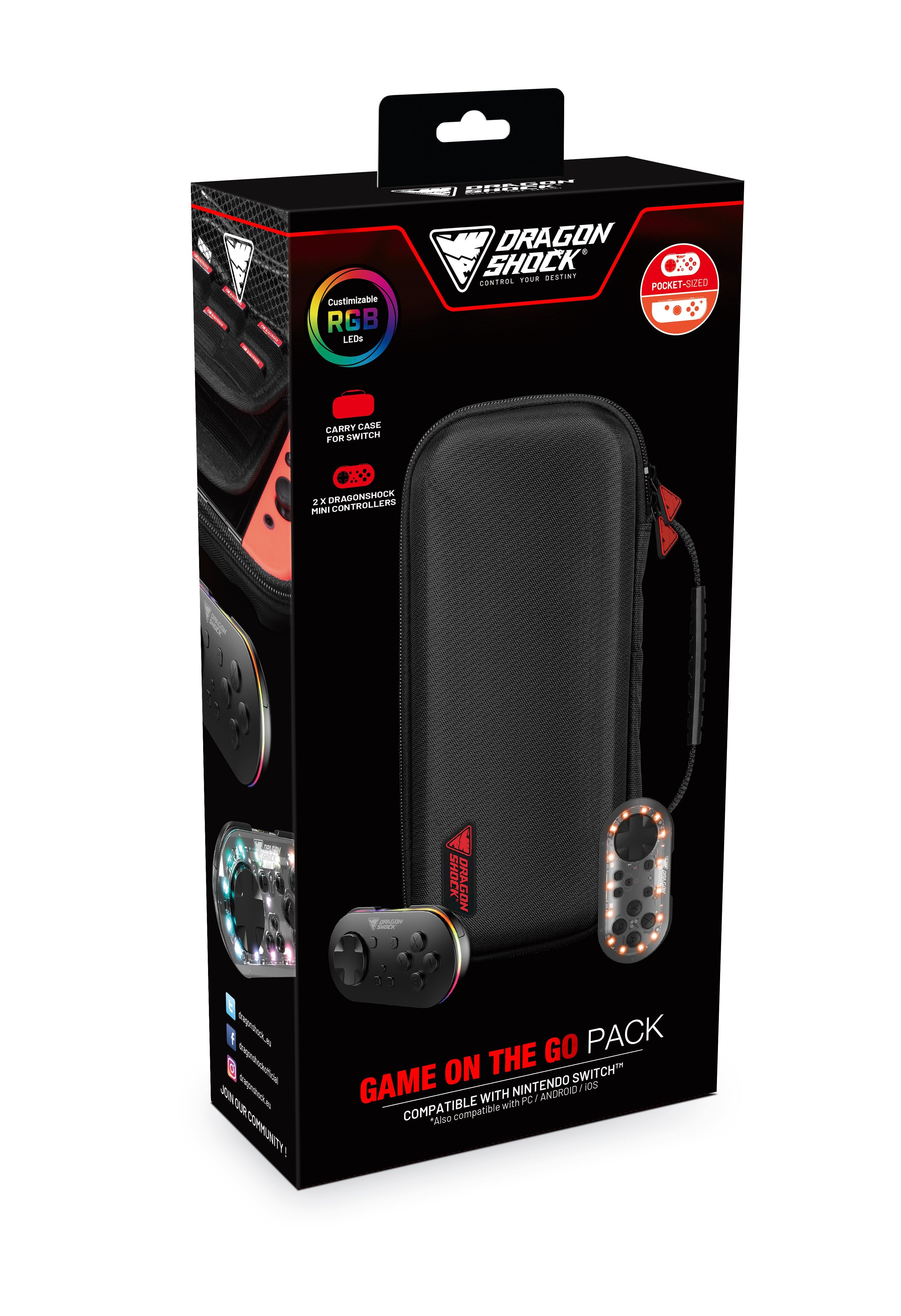 DragonShock - Game On the Go Pack - Housse de Transport Switch + Paire Mini Manettes Sans Fil Glow Fusion et Noire pour Nintendo Switch, Switch OLED, PC, Android et IOS - flash vidéo