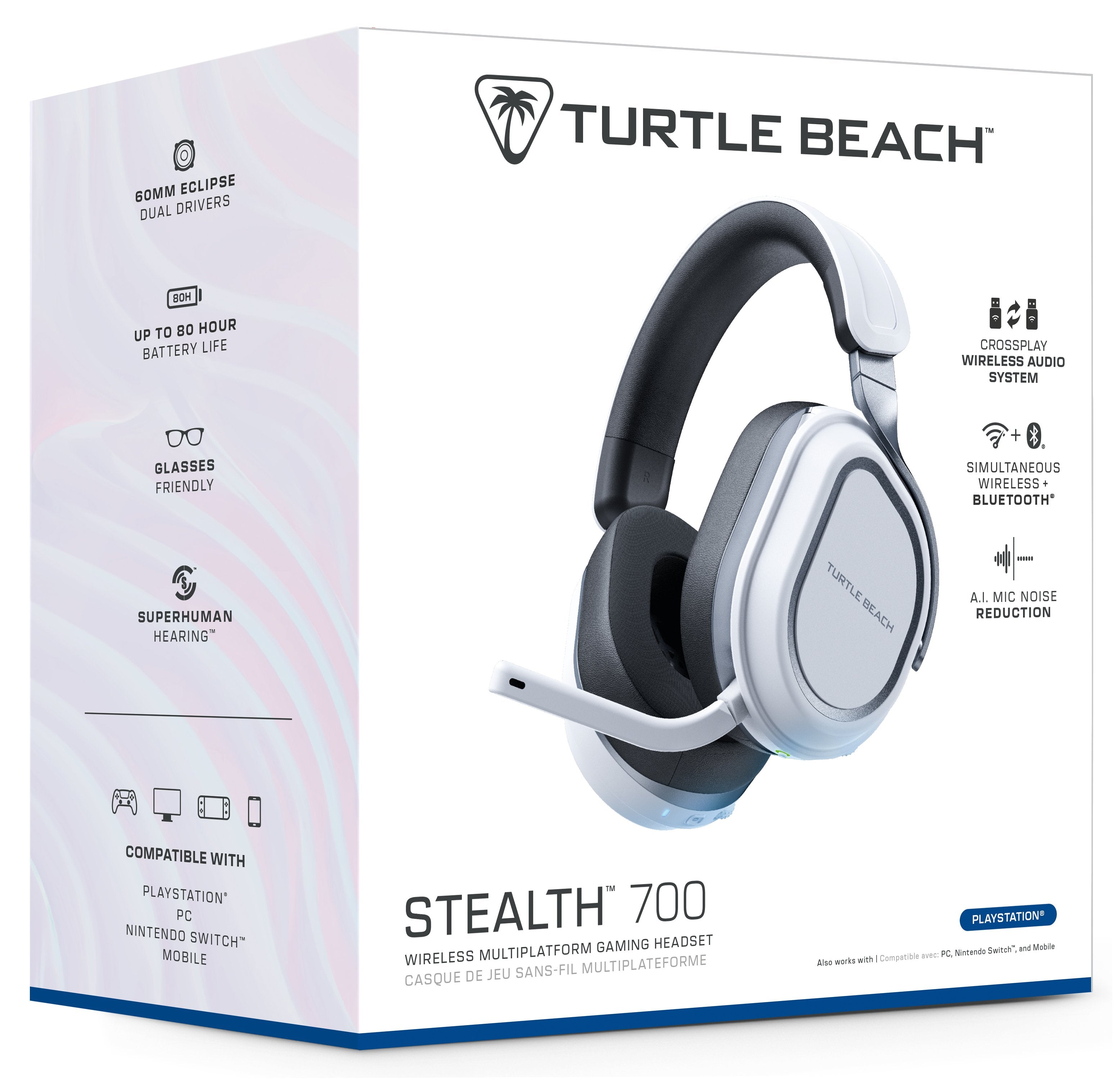 Turtle Beach - Casque de jeu sans-fil multiplateforme Stealth 700P Gen 3 Blanc pour PlayStation, PC, Nintendo Switch et Mobile - flash vidéo