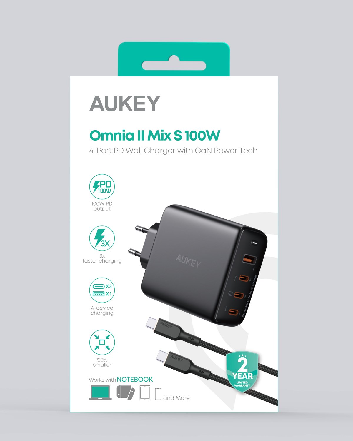 Aukey - Chargeur mural Omnia Mix II 100W PD GaN PA-B6S Bundle 4-Port 3xUSB-C, 1xUSB-A et Cable - flash vidéo