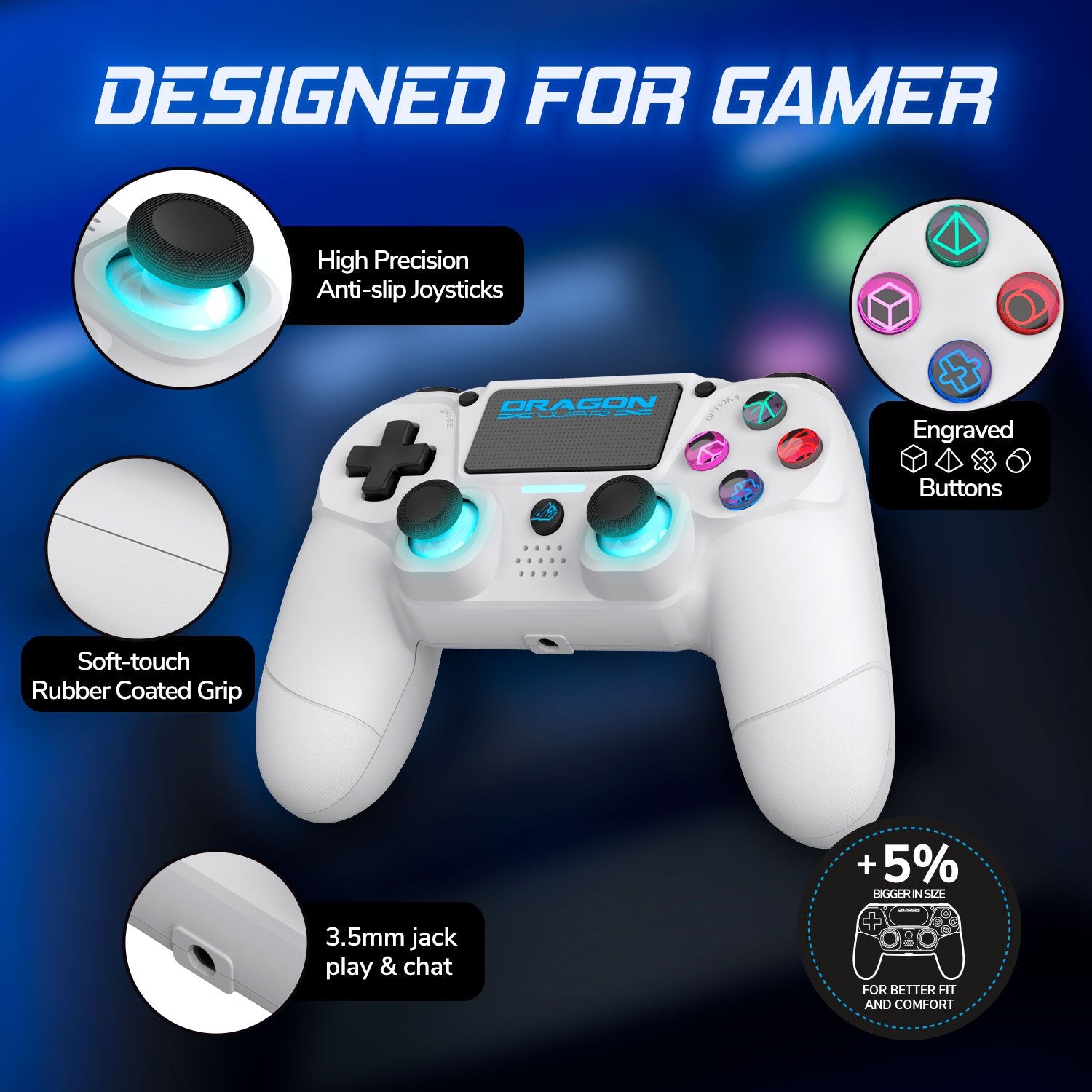 Dragonwar - Manette sans fil Dragon Shock 4 Blanche pour PS4, PC et Mobile - flash vidéo