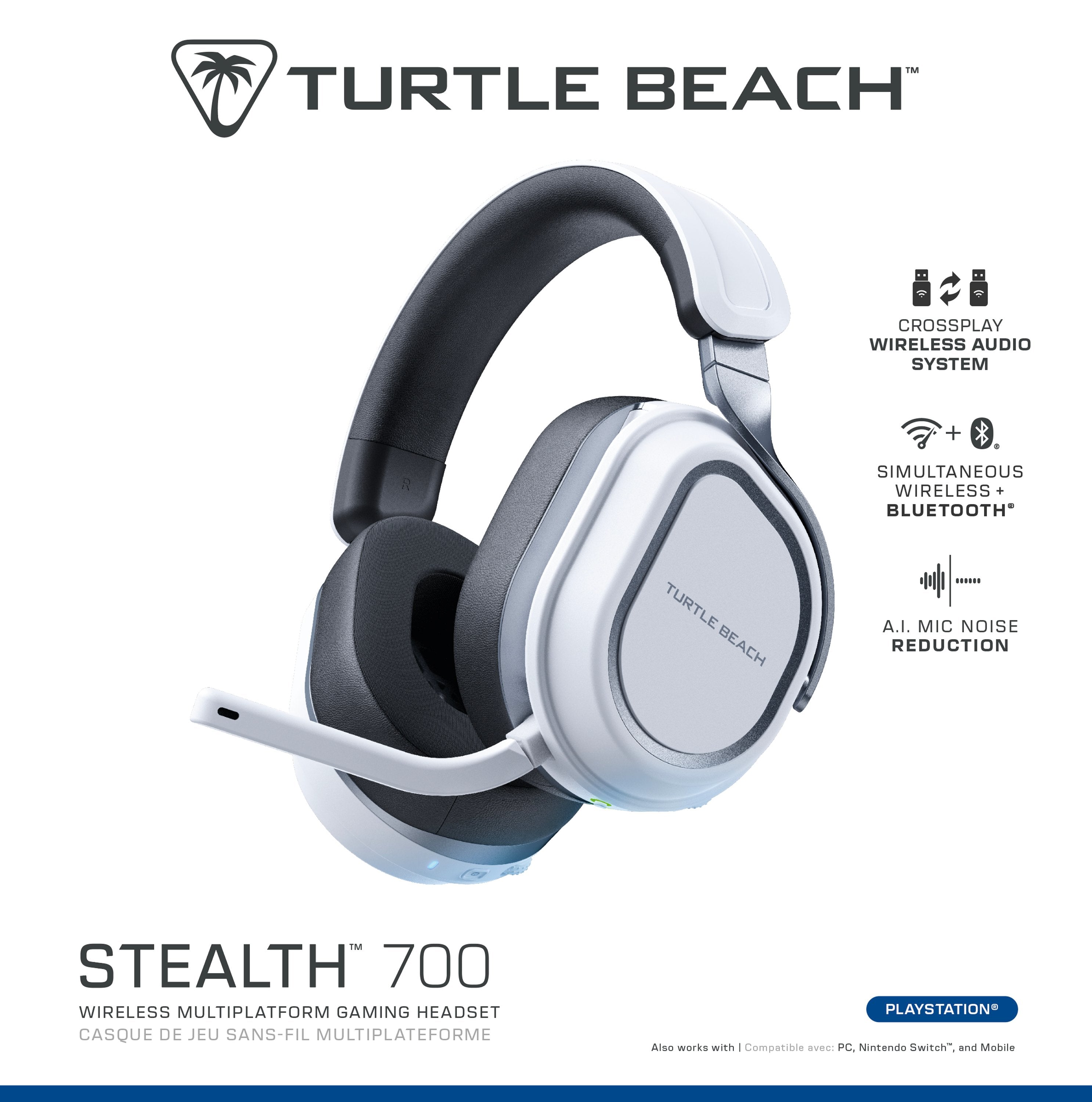 Turtle Beach - Casque de jeu sans-fil multiplateforme Stealth 700P Gen 3 Blanc pour PlayStation, PC, Nintendo Switch et Mobile - flash vidéo