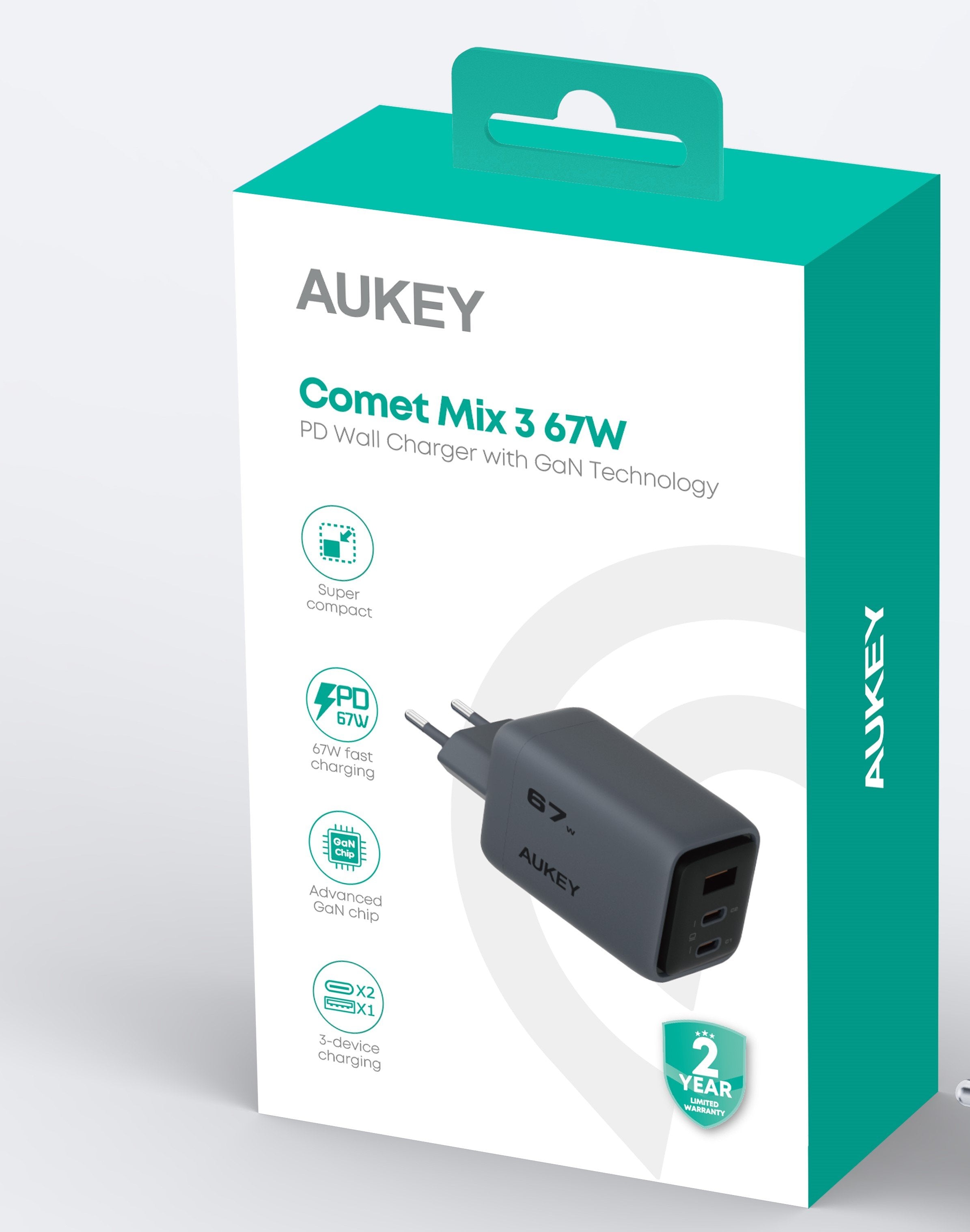 Aukey - Chargeur mural Comet Mix 67W GaN PD 3-Port Gris - flash vidéo