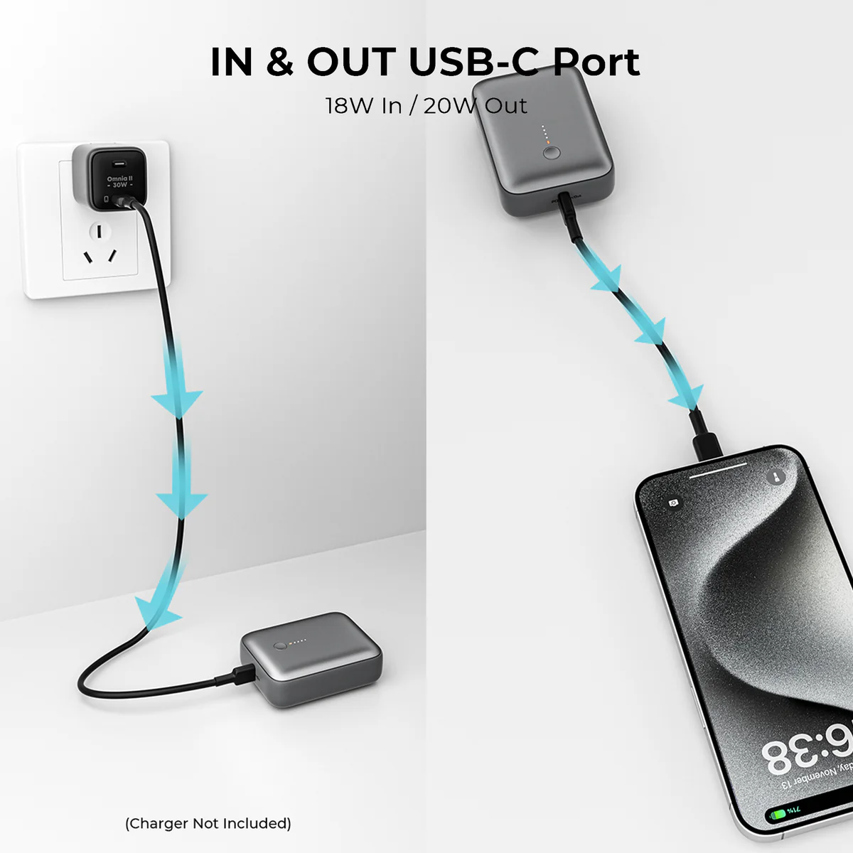 Aukey - Spark Mini 10000mAh 20W Powerbank Grise USB-C/USB-A - flash vidéo