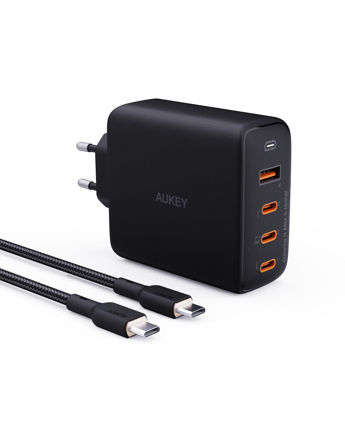 Aukey - Chargeur mural Omnia Mix II 100W PD GaN PA-B6S Bundle 4-Port 3xUSB-C, 1xUSB-A et Cable - flash vidéo