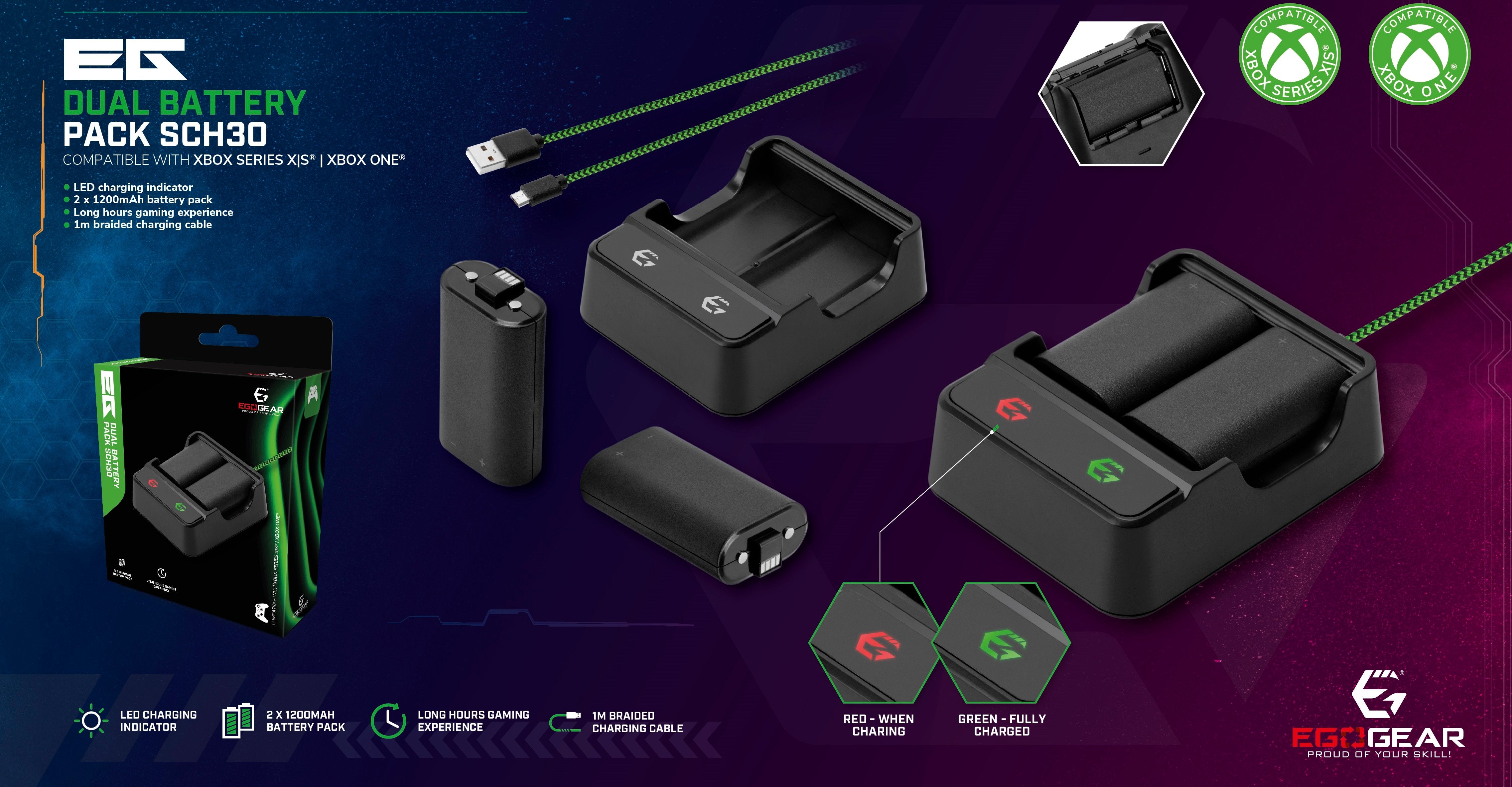 EgoGear - Double pack de batteries SCH30 noir pour manettes Xbox Series X|S et Xbox One - flash vidéo