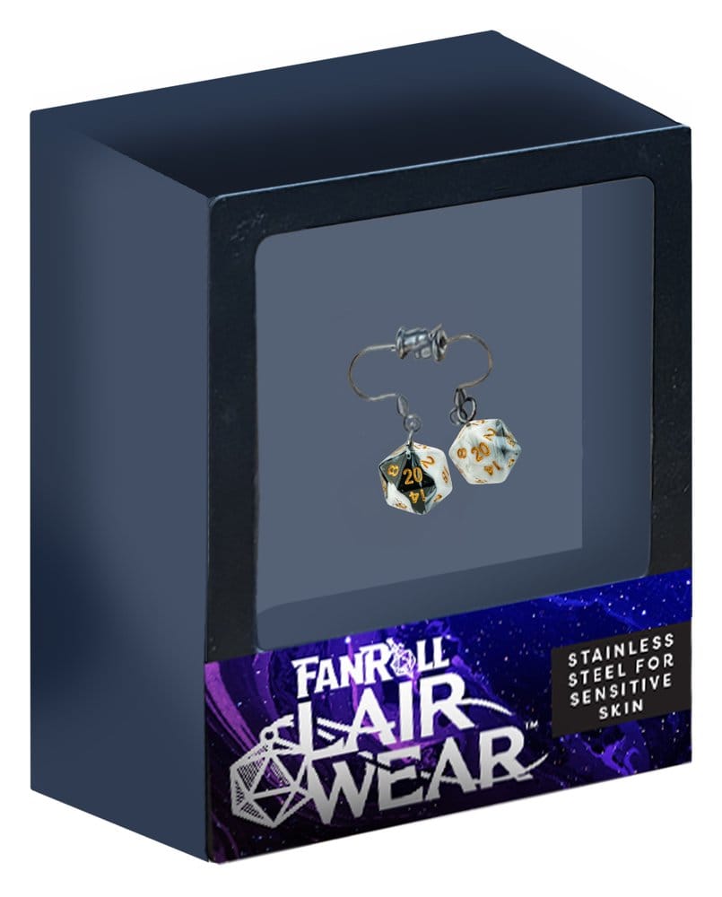 Lair Wear boucles d'oreilles dé D20 Marble Black & White avec Gold