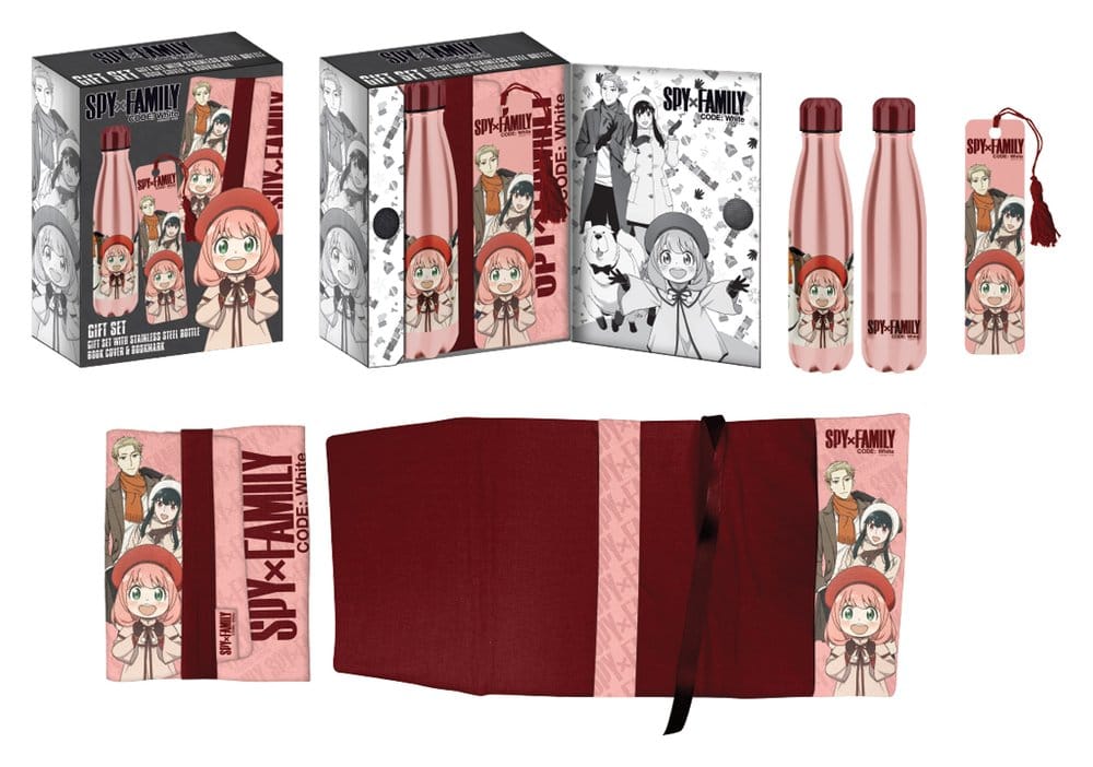 Spy x Family Bouteille en Acier, Autocollant, Couvre-livre Coffret Cadeau Rose/Rouge