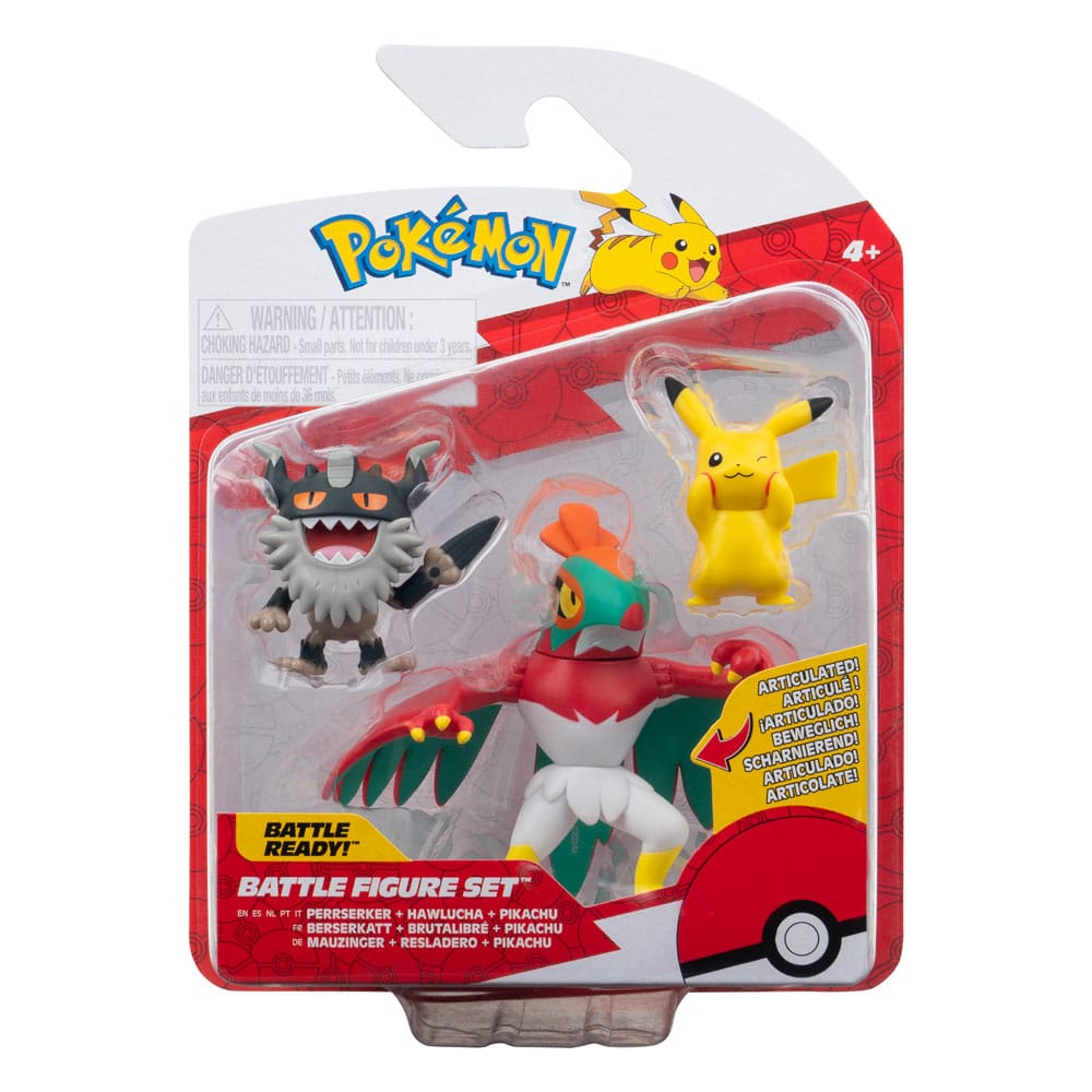 Pokémon pack 3 figurines Battle Figure Set Pikachu #8, Perrserker, Hawlucha 5 cm