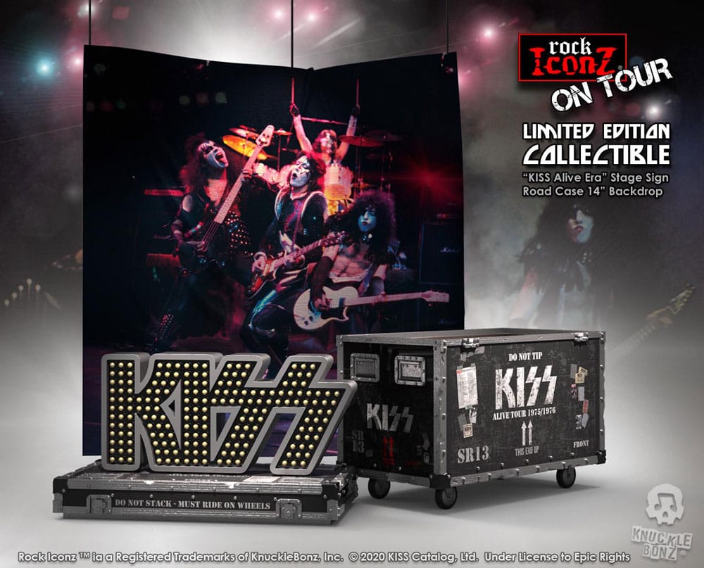 Kiss statuette Rock Ikonz On Tour caisse de tournée + décor de scène Alive! Tour