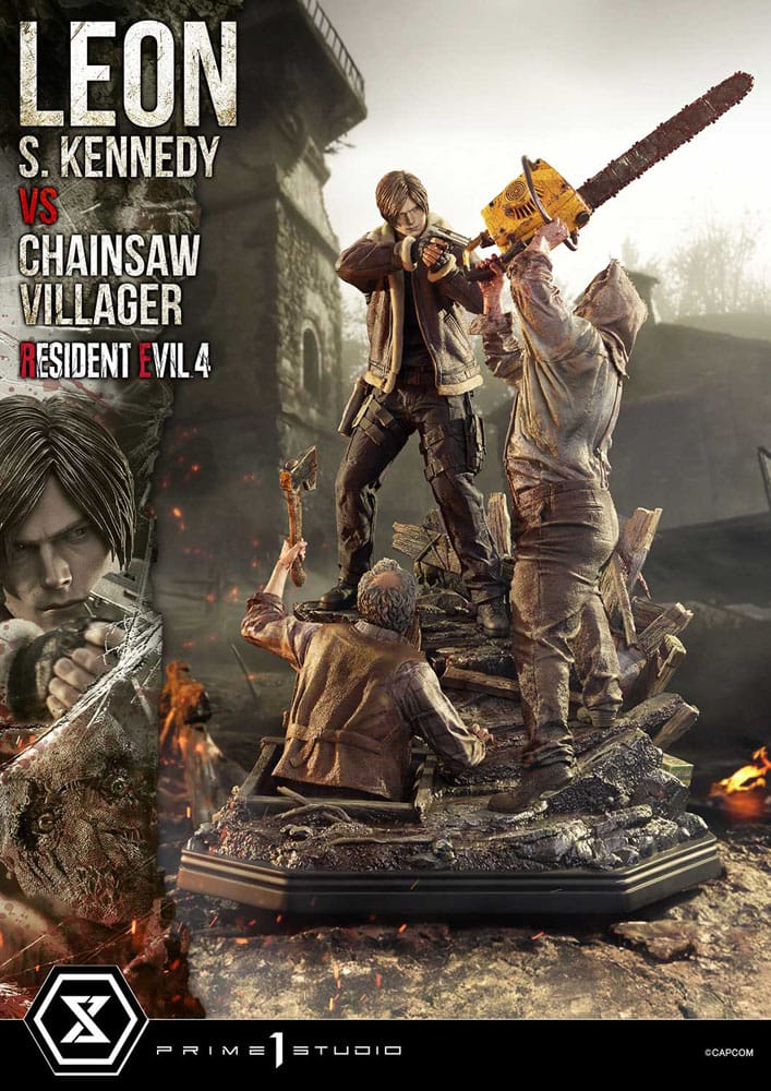 Resident Evil 4 statuette Ultimate Premium Masterline Series 1/4 Leon S. Kennedy vs. Chainsaw Villager 76 cm