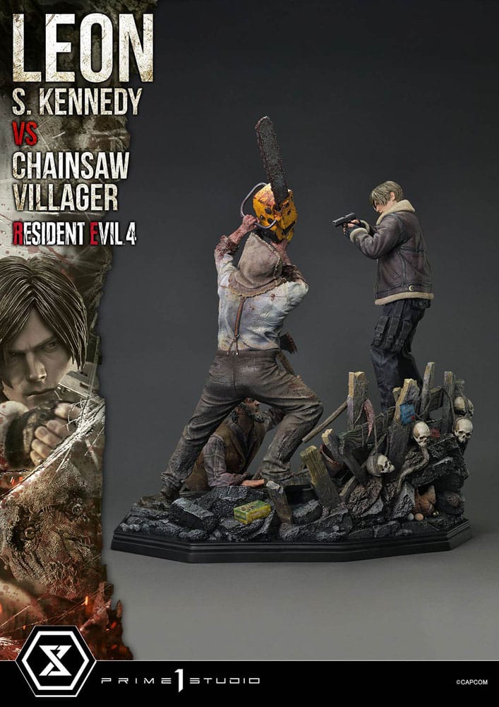 Resident Evil 4 statuette Ultimate Premium Masterline Series 1/4 Leon S. Kennedy vs. Chainsaw Villager 76 cm