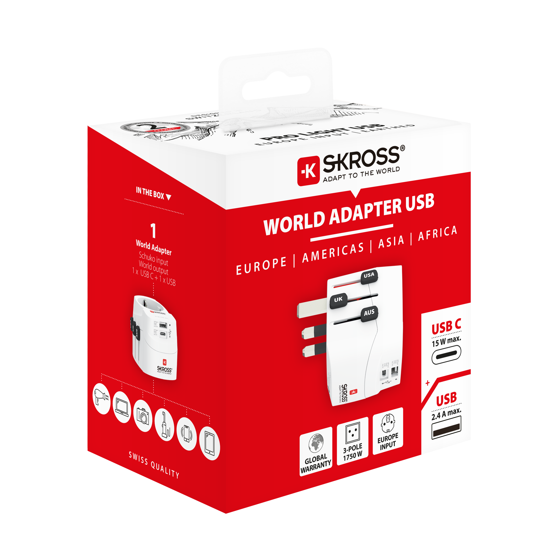 Skross - World Travel Adapter with Ground Plugs (no Swiss & Italy) + 1 USB + 1 Type C Slot - flash vidéo