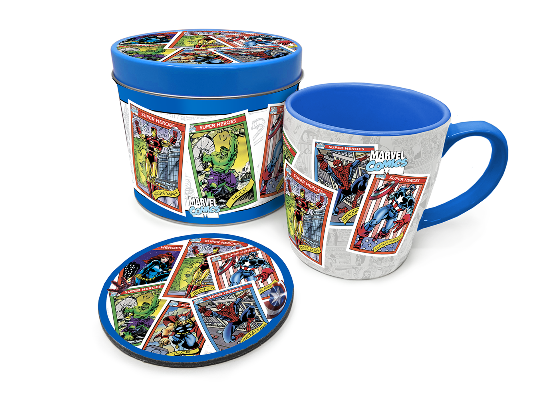 Marvel - Mug + Dessous de verre en boite en métal Cartes à collectionner rétro