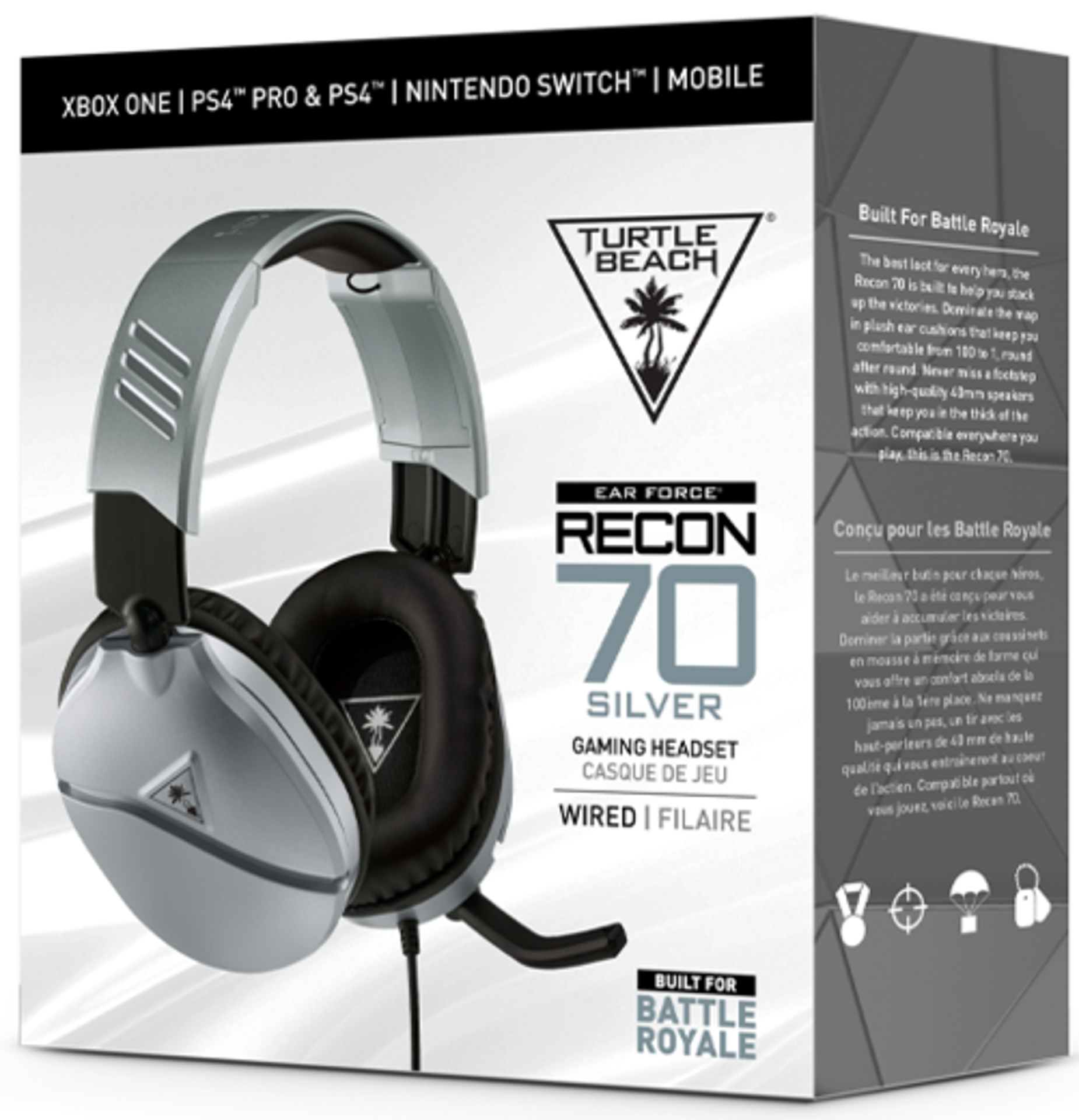 Turtle Beach - Casque de jeu filaire Recon 70 Argent pour PS5, PS4, Xbox Series X|S, Xbox One, Switch et Mobile - flash vidéo