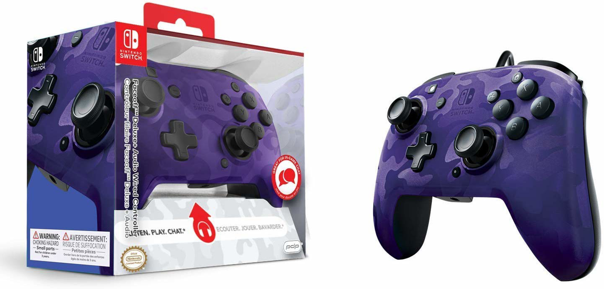 PDP - Manette filaire Faceoff Deluxe+ Audio Violet camouflage pour Nintendo Switch et Switch OLED - flash vidéo