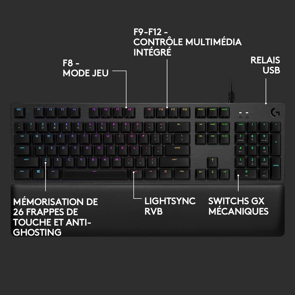 Logitech Clavier mécanique de jeu Lightsync RGB avec commutateurs GX Brown G513 Carbon - Azerty FR