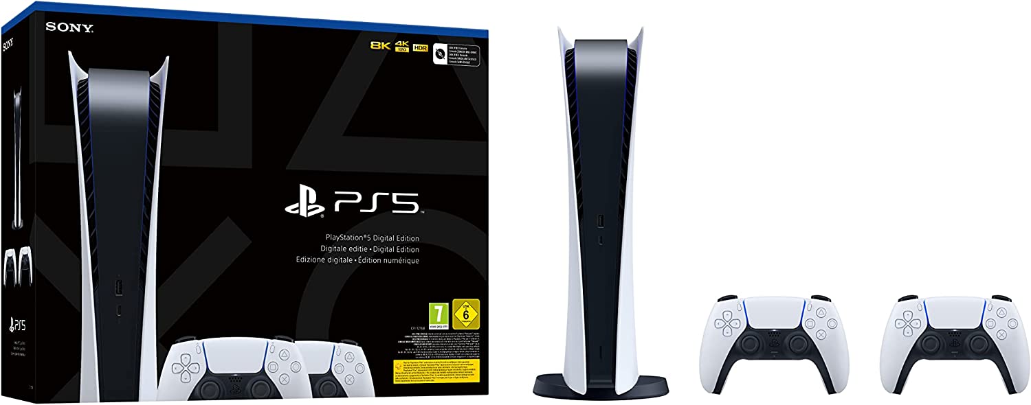 PlayStation 5 Digital Edition Blanche + 2 manettes PS5 DualSense (Blanche) - flash vidéo