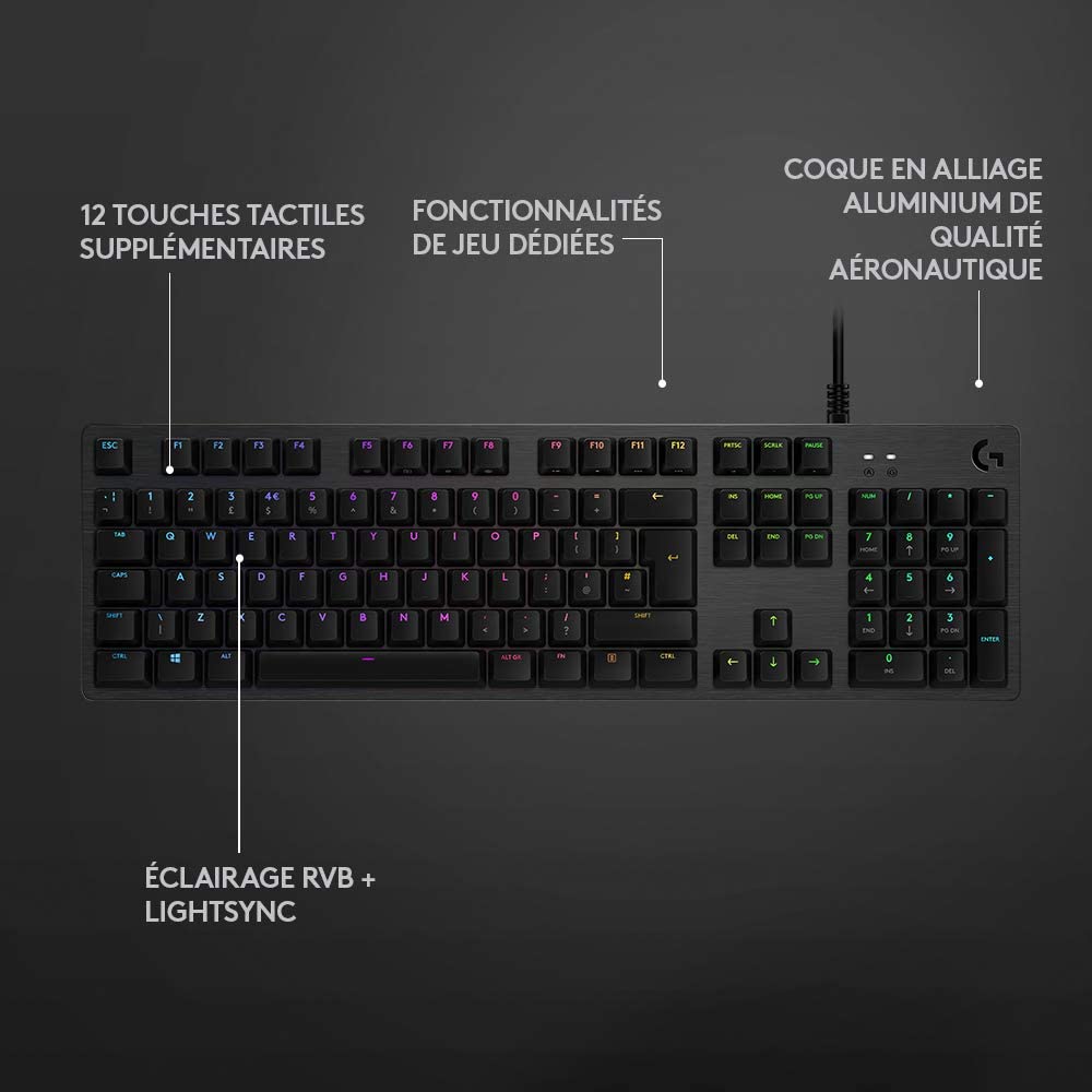 Logitech Clavier mécanique de jeu Lightsync RGB avec commutateurs GX Brown G512 Carbon - Azerty BE - flash vidéo