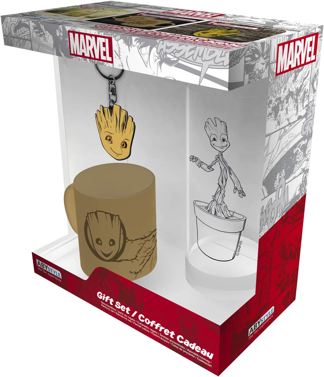 § Marvel - Coffret cadeau Verre 290ml, Porte-clef PVC et Mini Mug Groot - flash vidéo
