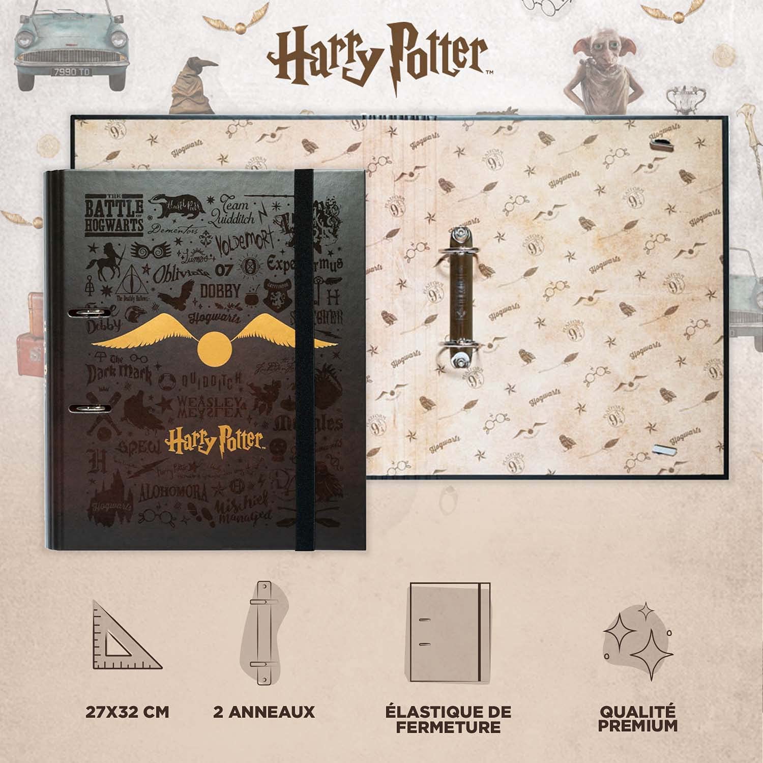 Harry Potter - Classeur Premium à 2 anneaux avec élastique Vif d'Or - flash vidéo