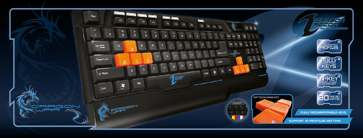 Dragonwar Recon Clavier de jeu programmable Azerty - 30 touches macro - 10 paramètres de profil - Nkey roller