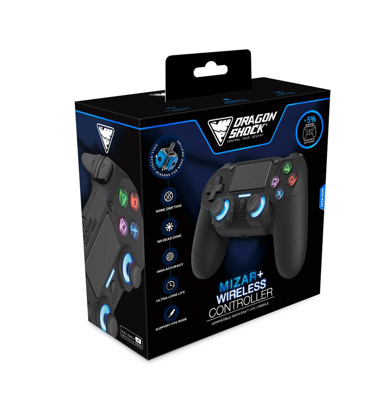 DragonShock - Manette sans fil Bluetooth MIZAR+ Noir Intégral pour PS4, PC et Mobile