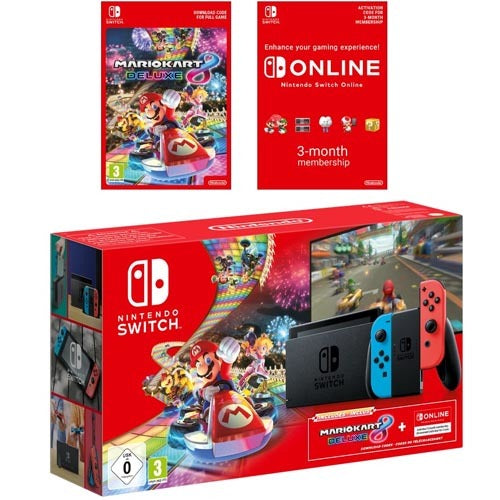 Nintendo Switch with Joy-Con Pair Neon Red and Blue + Mario Kart 8 Deluxe + Nintendo Online 3 Month Subscription - flash vidéo