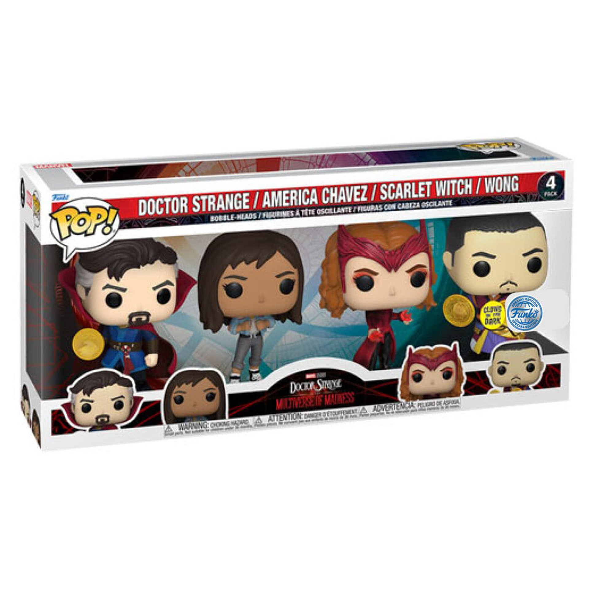 Funko Pop! 4-Pack: Marvel: Doctor Strange in the Multiverse of Madness - Doctor Strange / America Chavez / Scarlet Witch / Wong (Glows in the Dark) (Special Edition) - flash vidéo