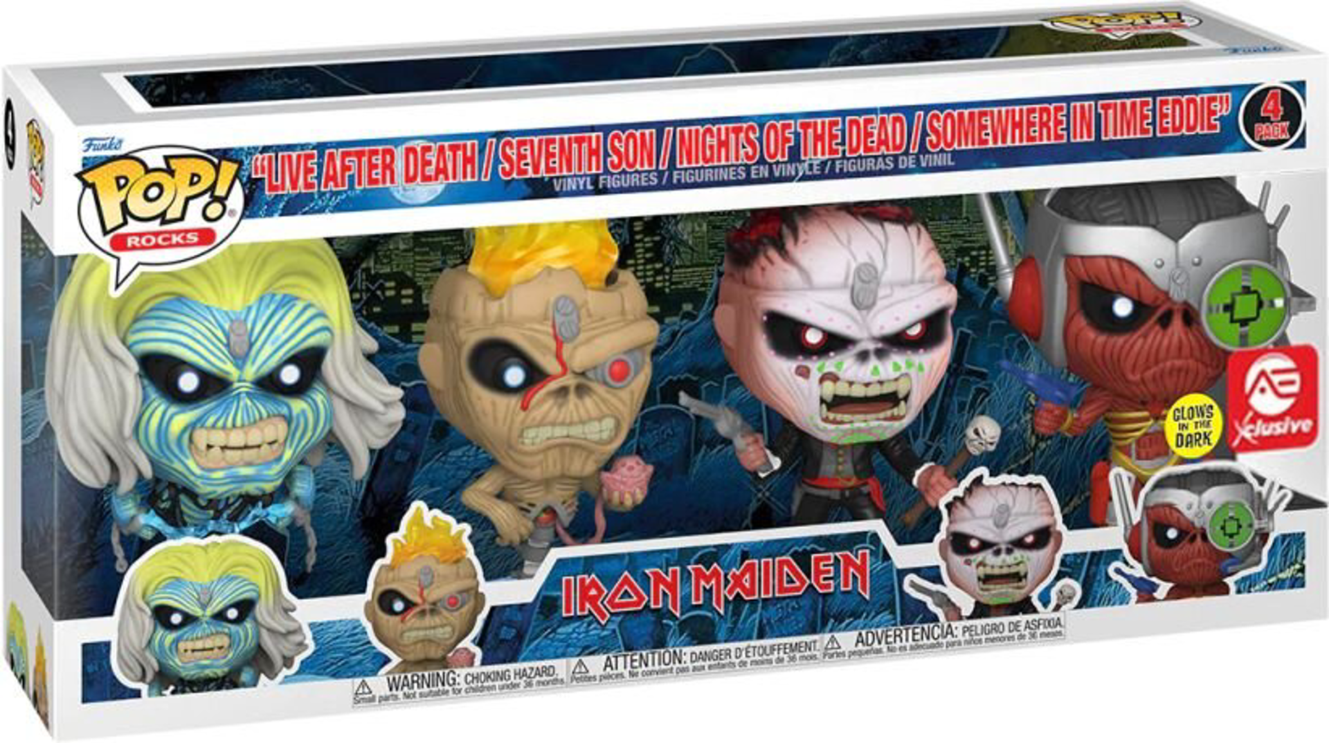 Funko Pop! 4-Pack: Rocks: Iron Maiden - Live After Death / Seventh Son / Nights of the Dead / Somewhere in Time Eddie (Glows in the Dark) (Special Edition) - flash vidéo