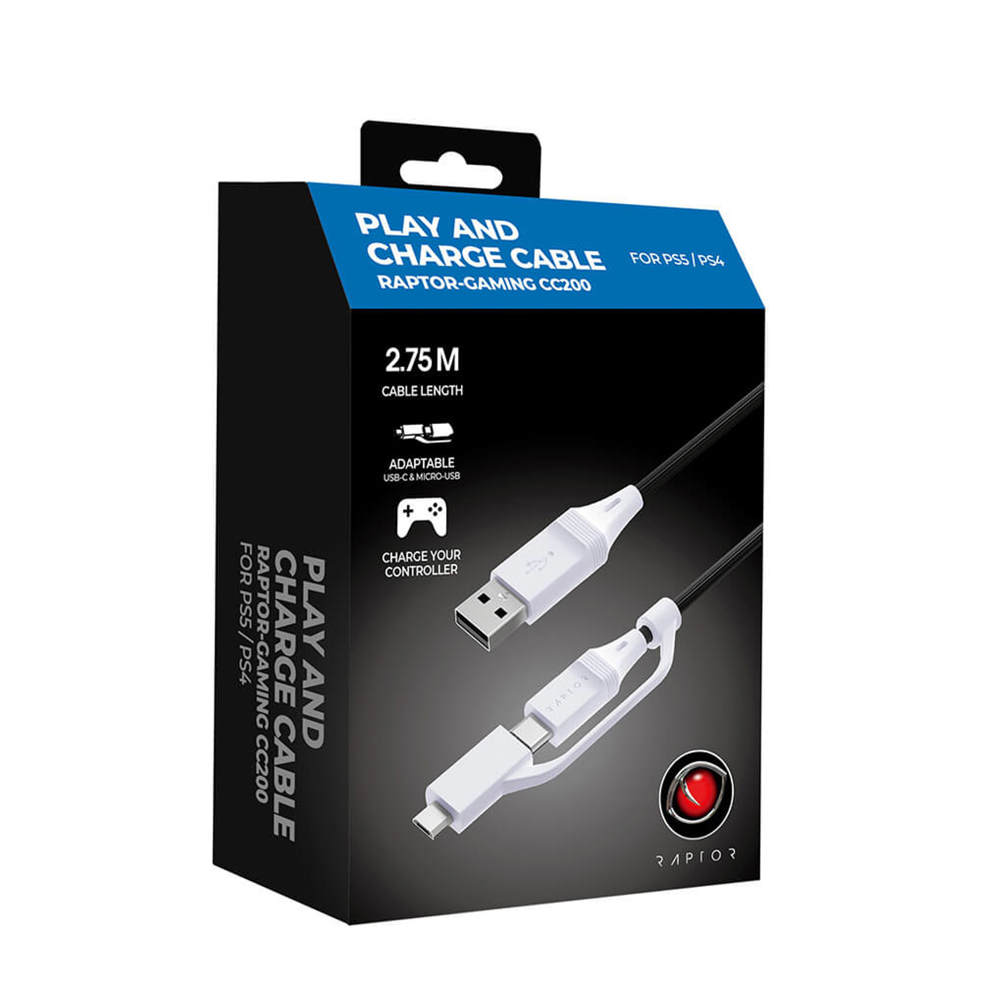 Raptor Gaming - Câble USB-C Play & Charge Blanc de 2.75m CC200 pour PS5, Xbox Series X|S, Nintendo Switch et Mobile