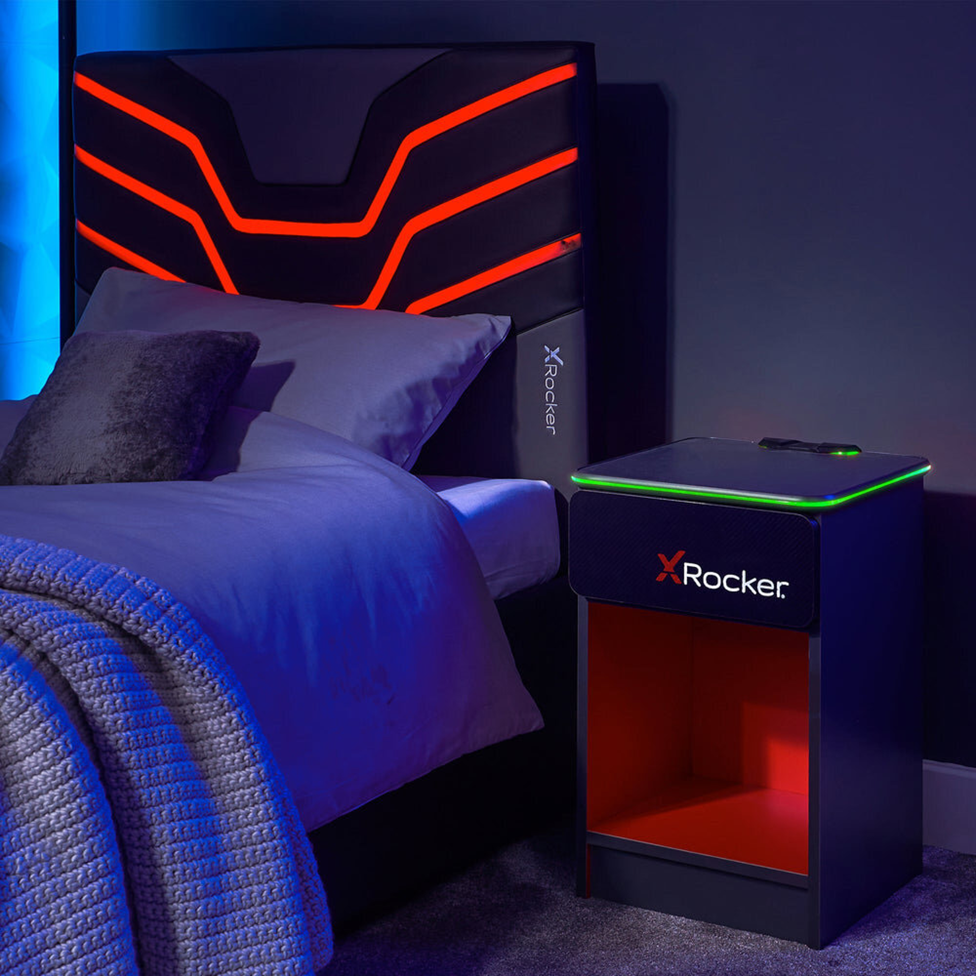 X Rocker - Table de chevet Carbon-Tek avec chargeur sans fil et éclairage LED Gris/Rouge