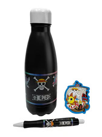 One Piece - Coffret cadeau Bouteille d'eau en métal + Aimant + Stylo "Emblème Drapeau"