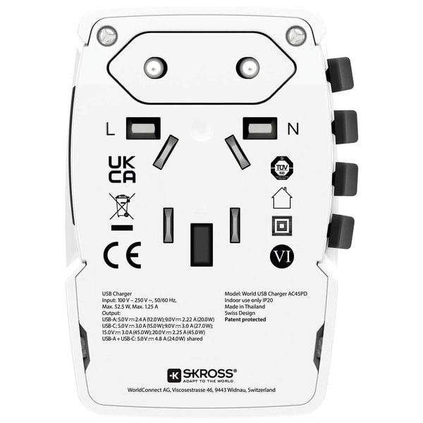 Skross - Adaptateur de voyage MUV PRO 3 pôles + 1 USB charge rapide + 1 Type C 2250 mA Blanc