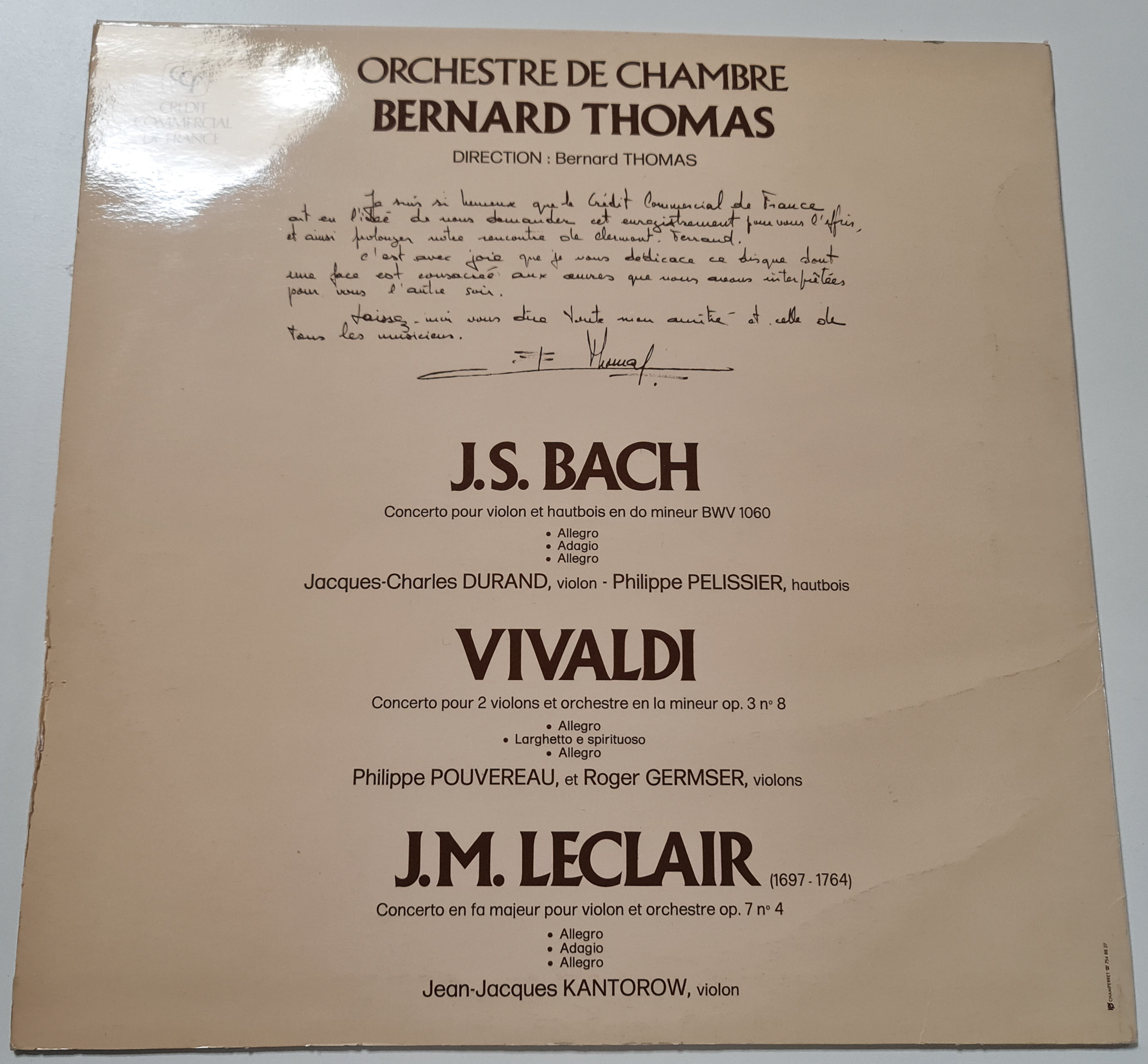 (Occasion) -J. J. Kantorow, J. Ch. Durand, Ph. Pouvereau, Ph. Pelissier, R. Germser, Orchestre de Chambre Bernard Thomas Église Saint Médard Concert [Vinyle 33Tours]