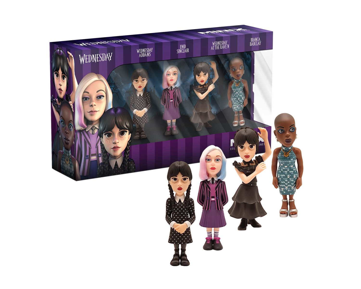Minix - TV Series - Pack de 4 Wednesday ( Mercredi, Mercredi en robe de bal, Enid, Bianca) - Figurines PVC 7 cm